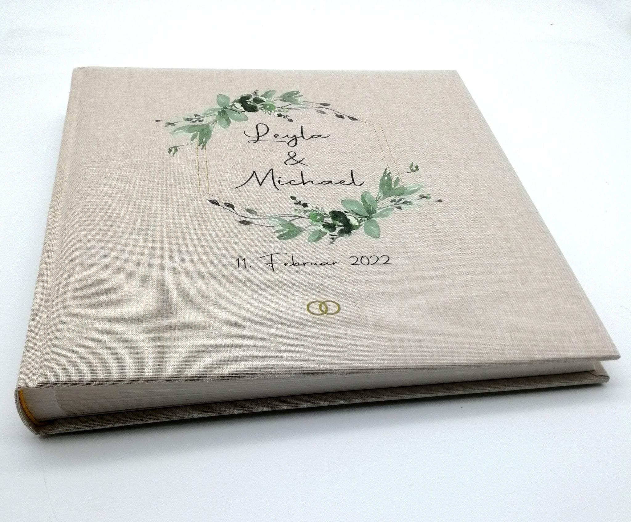 Fotoalbum personalisiert Hochzeit "Rahmen Blätter" Leinen, Erinnerungsalbum