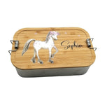 Brotdose personalisiert aus Edelstahl mit Bambus Deckel "Pferd", Trennsteg, Lunchbox