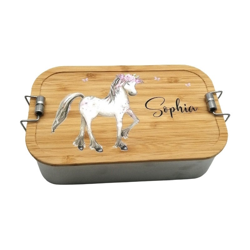 Brotdose personalisiert aus Edelstahl mit Bambus Deckel "Pferd", Trennsteg, Lunchbox