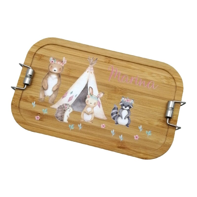 Brotdose personalisiert aus Edelstahl mit Bambus Deckel "Boho Waldtiere", Trennsteg, Lunchbox