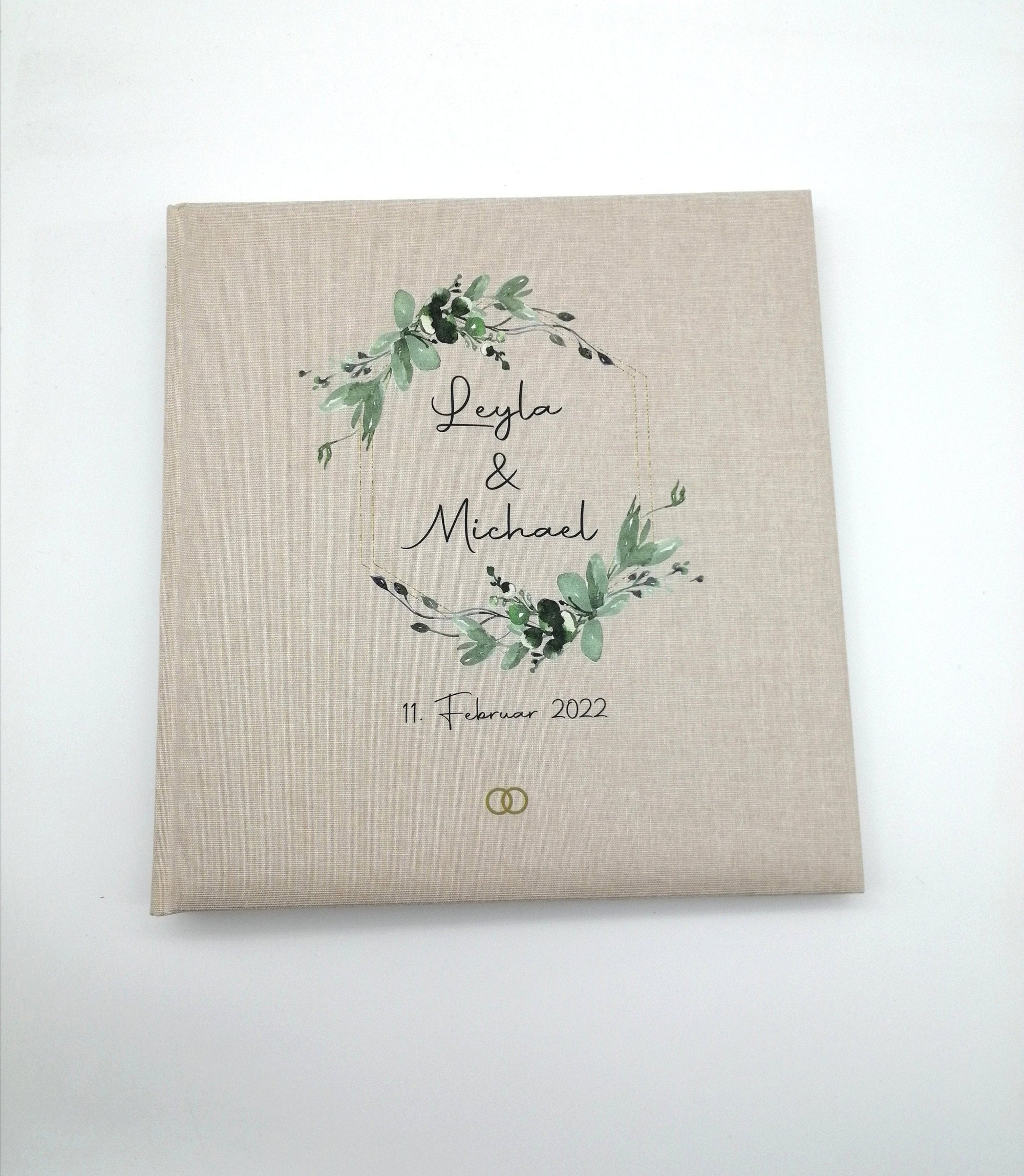 Fotoalbum personalisiert Hochzeit "Rahmen Blätter" Leinen, Erinnerungsalbum