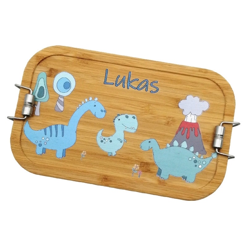 Brotdose personalisiert aus Edelstahl mit Bambus Deckel "Dino", Trennsteg, Lunchbox, Brotdose für Kinder, Brotdose Edelstahl, Lunchbox