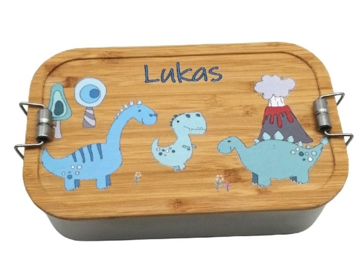 Brotdose personalisiert aus Edelstahl mit Bambus Deckel "Dino", Trennsteg, Lunchbox, Brotdose für Kinder, Brotdose Edelstahl, Lunchbox