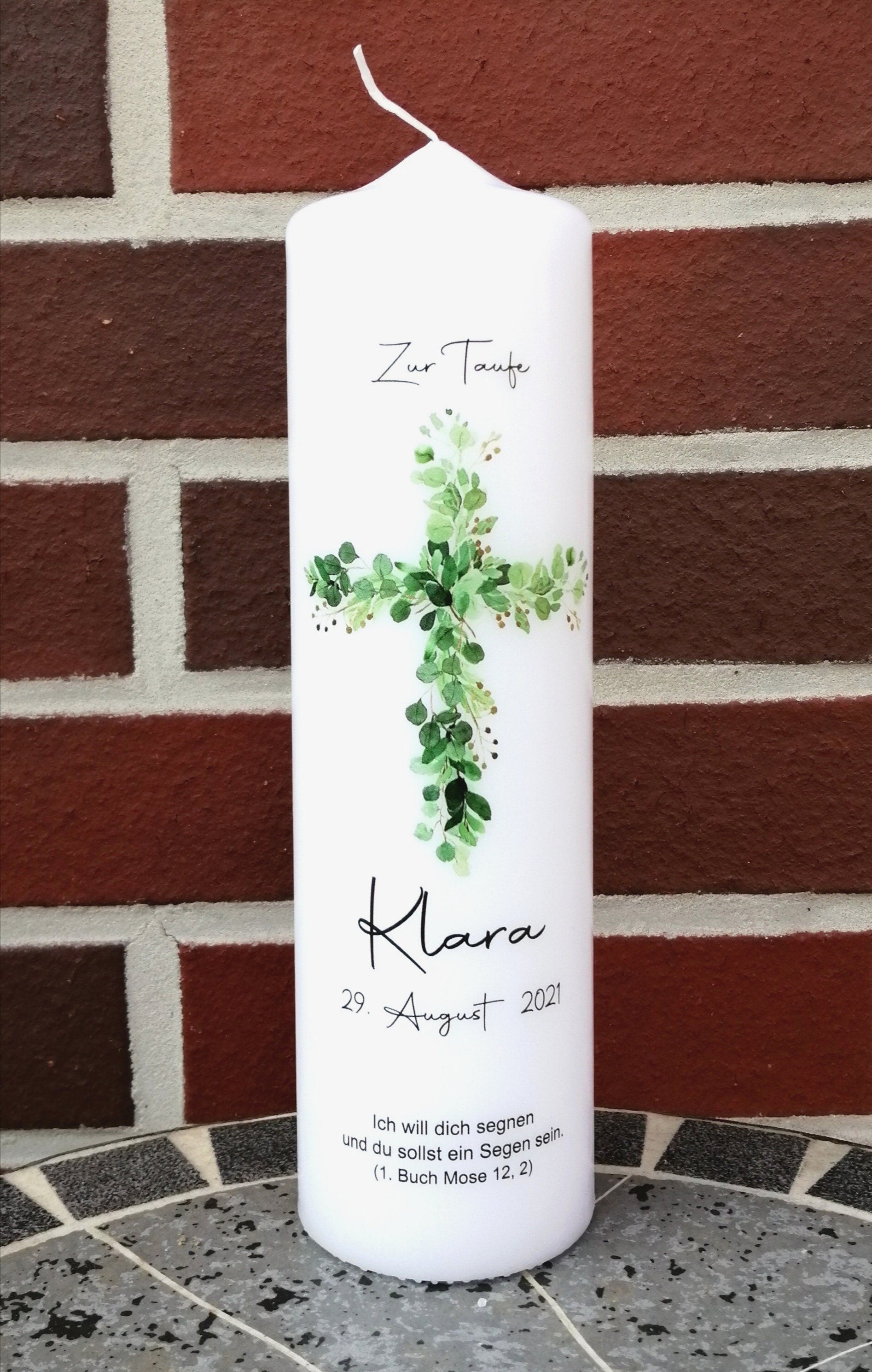 Taufkerze personalisiert mit Namen Datum und Taufspruch "Kreuz Blätter", Junge/ Mädchen