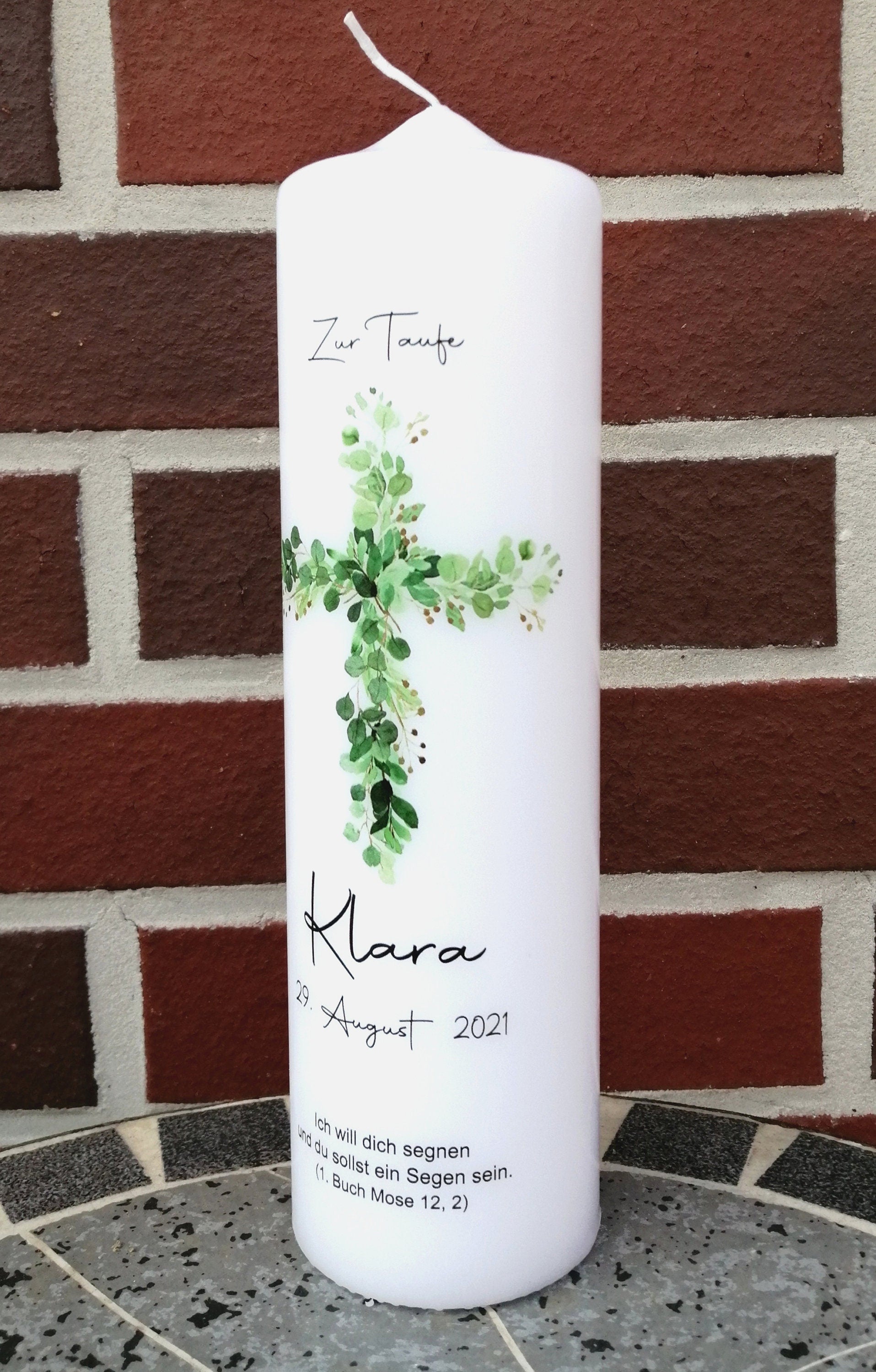 Taufkerze personalisiert mit Namen Datum und Taufspruch "Kreuz Blätter", Junge/ Mädchen