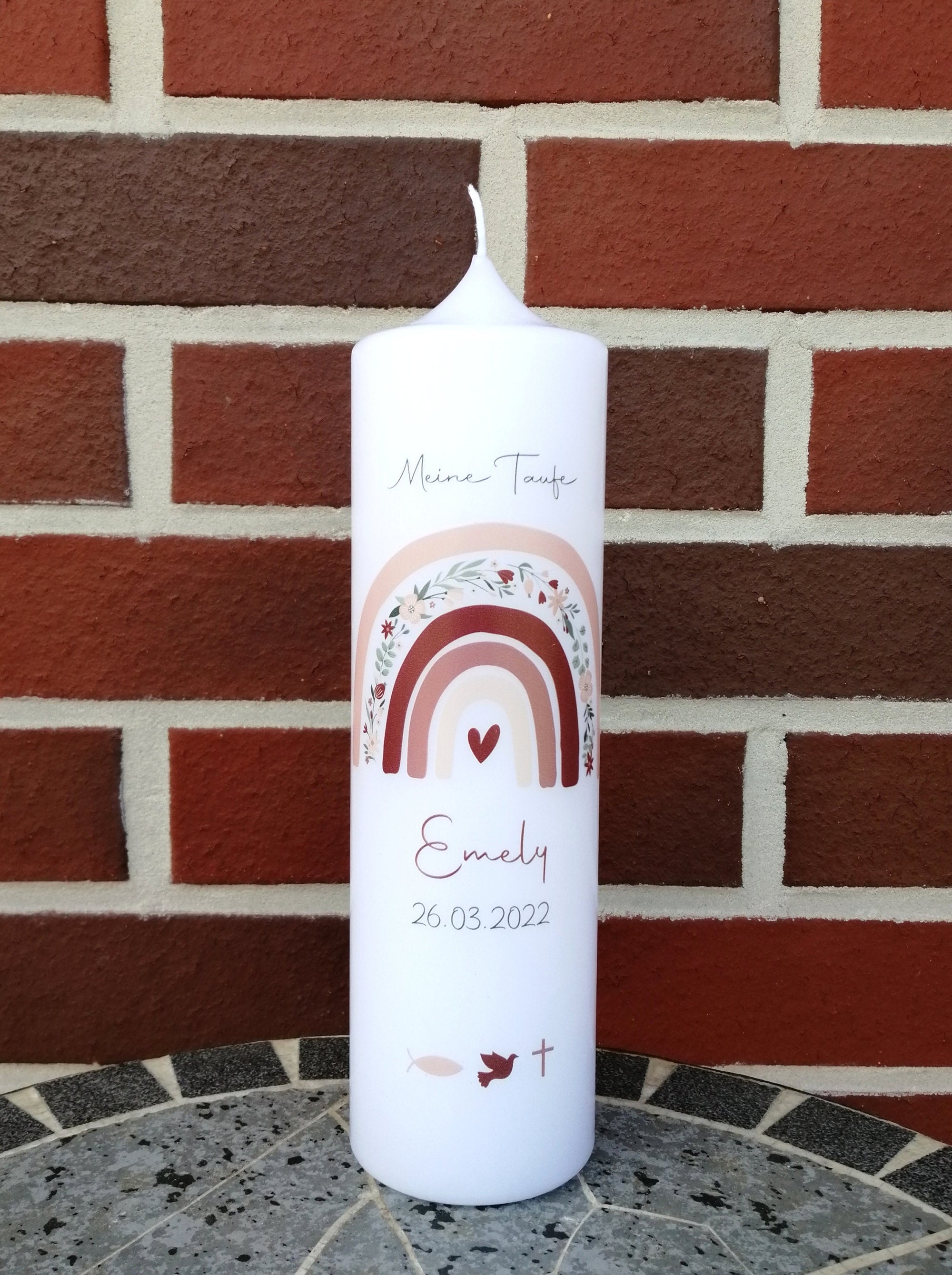 Taufkerze personalisiert mit Namen und Datum "Regenbogen Blumen, Symbole", Taufkerze Mädchen, Taufgeschenk, Taufkerze Regenbogen, Geschenk