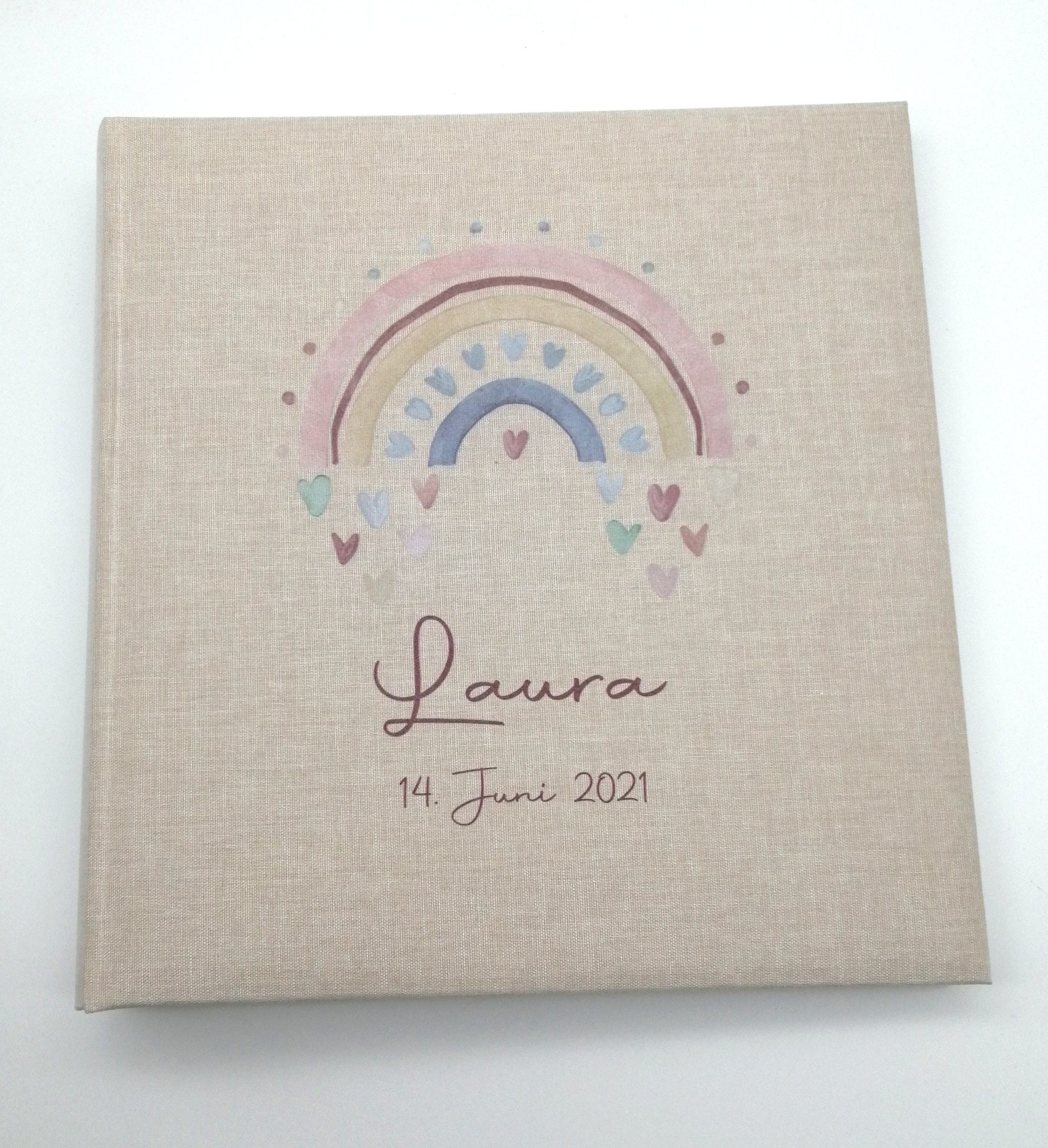 Fotoalbum personalisiert Baby, Kind "Regenbogen Herzen" Leinen, Erinnerungsalbum, Fotoalbum Geschenk zur Geburt, Fotoalbum Geburt Taufe
