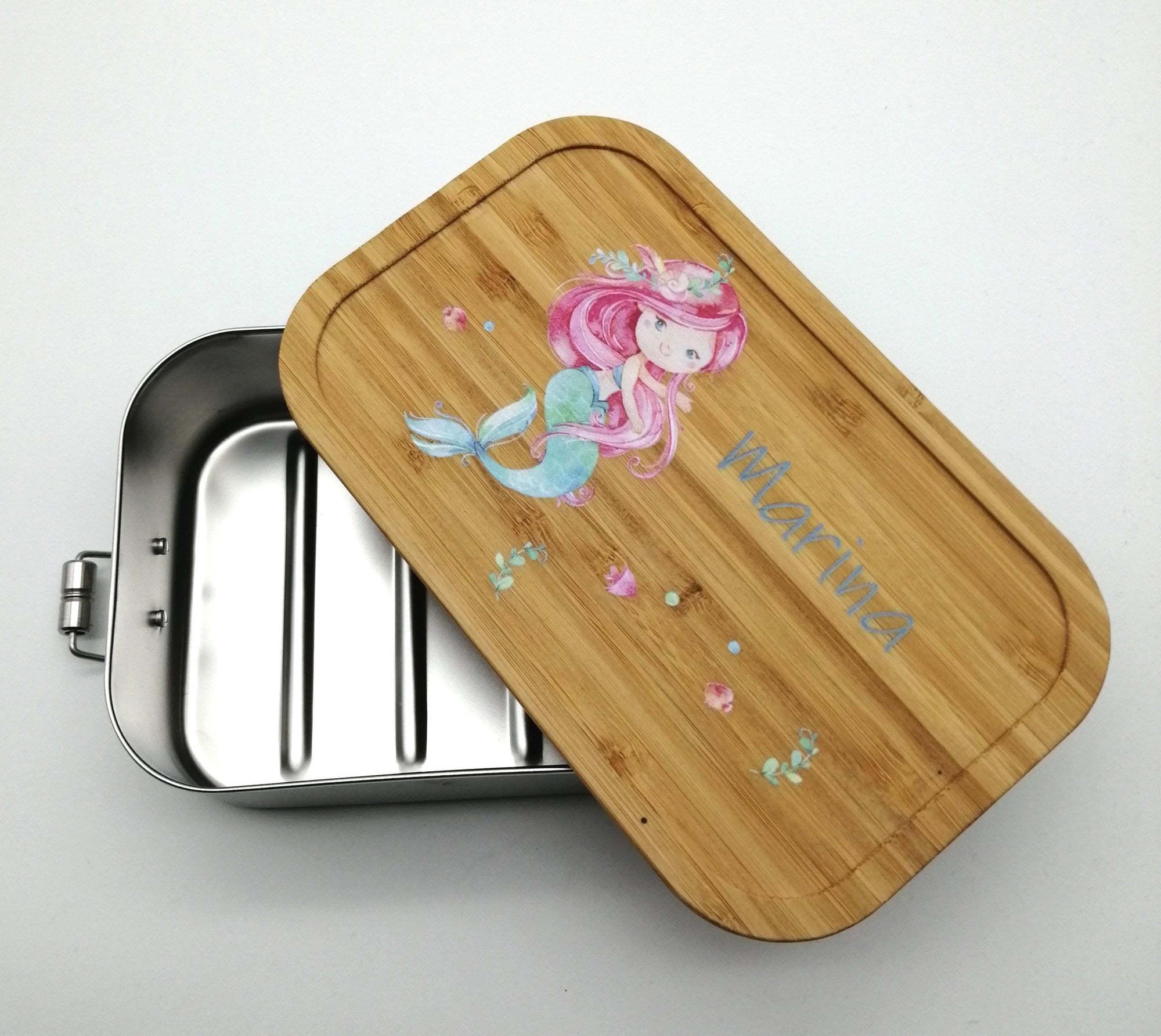 Brotdose personalisiert aus Edelstahl mit Bambus Deckel "Meerjungfrau", Trennsteg, Lunchbox