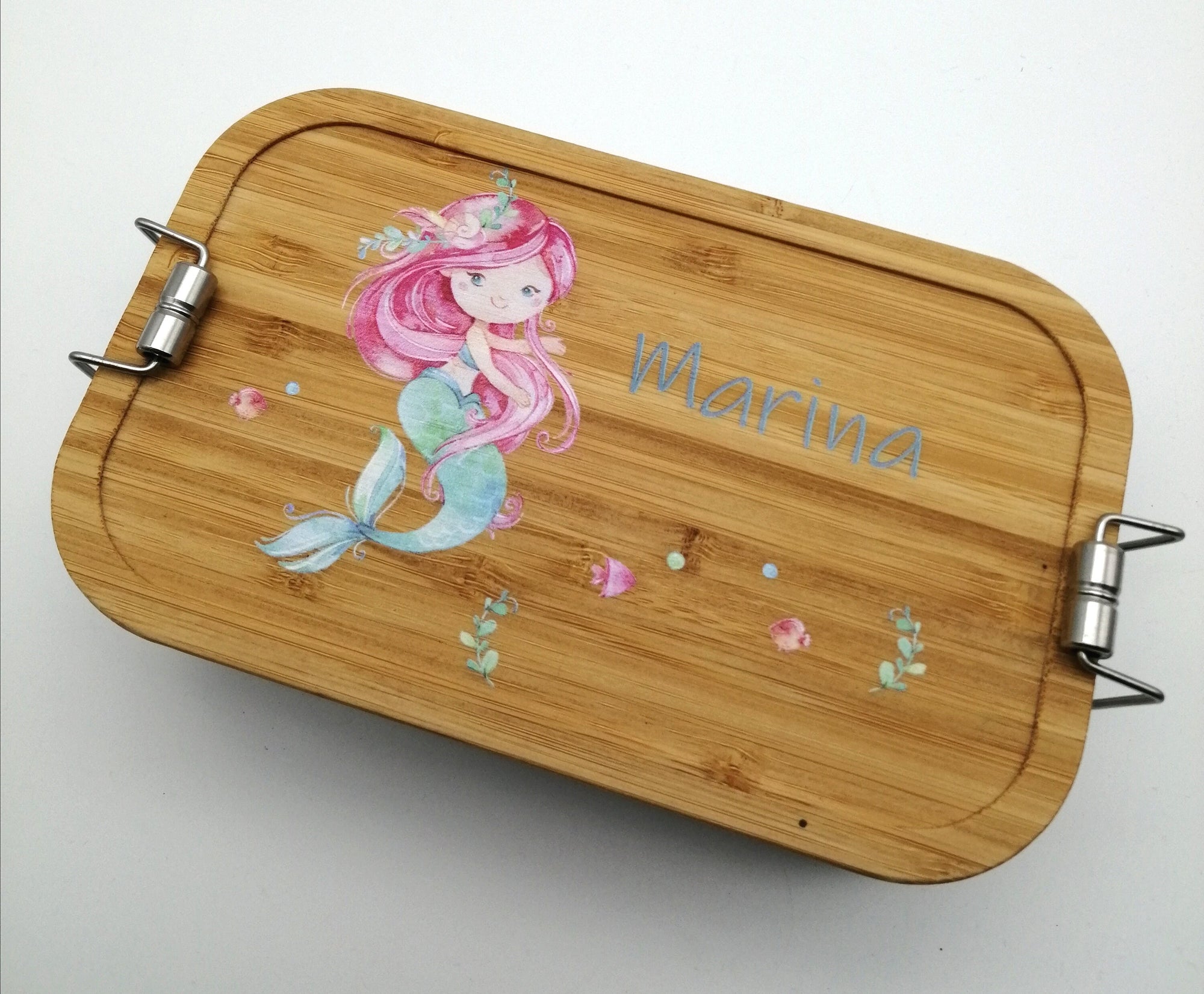 Brotdose personalisiert aus Edelstahl mit Bambus Deckel "Meerjungfrau", Trennsteg, Lunchbox