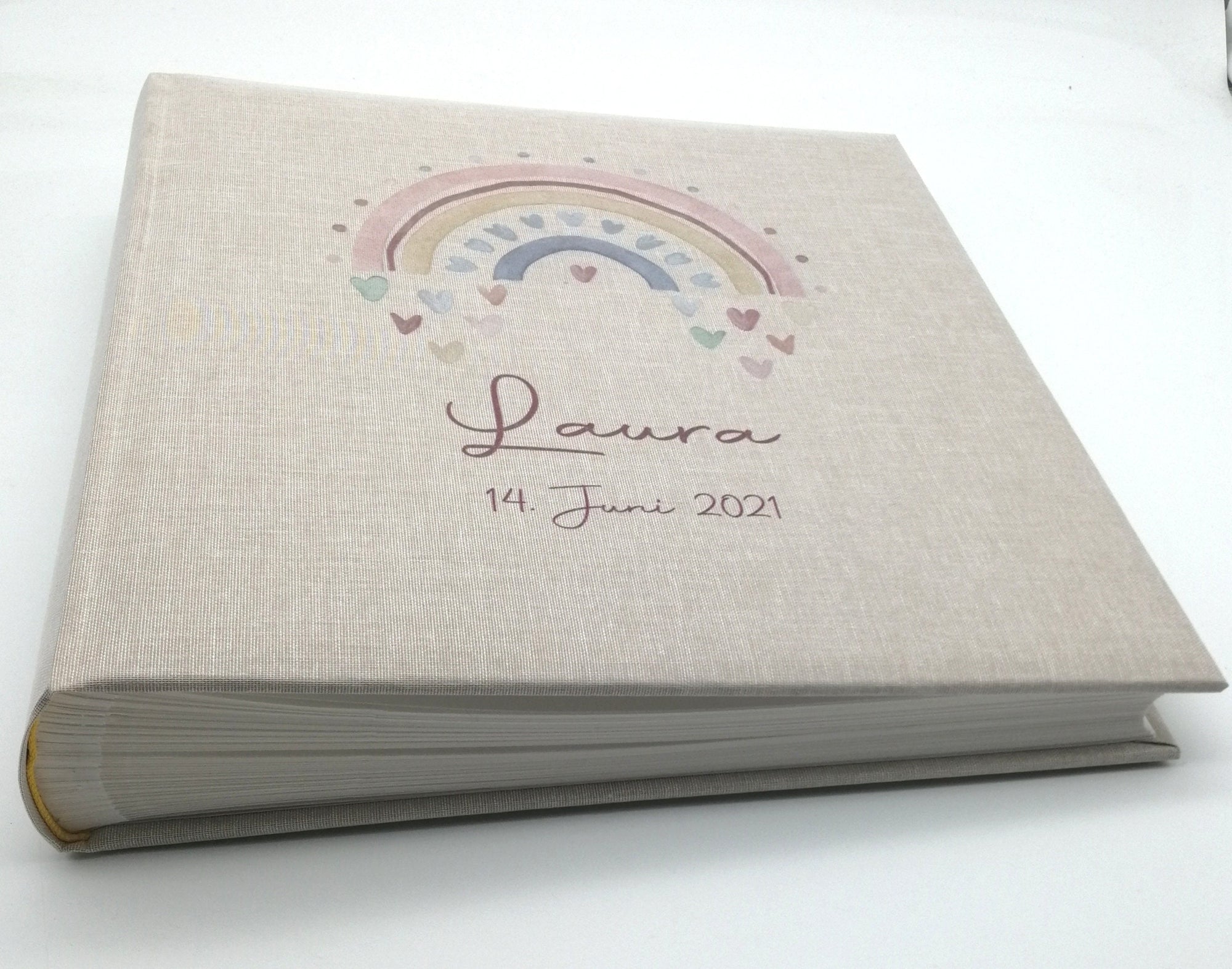 Fotoalbum personalisiert Baby, Kind "Regenbogen Herzen" Leinen, Erinnerungsalbum, Fotoalbum Geschenk zur Geburt, Fotoalbum Geburt Taufe