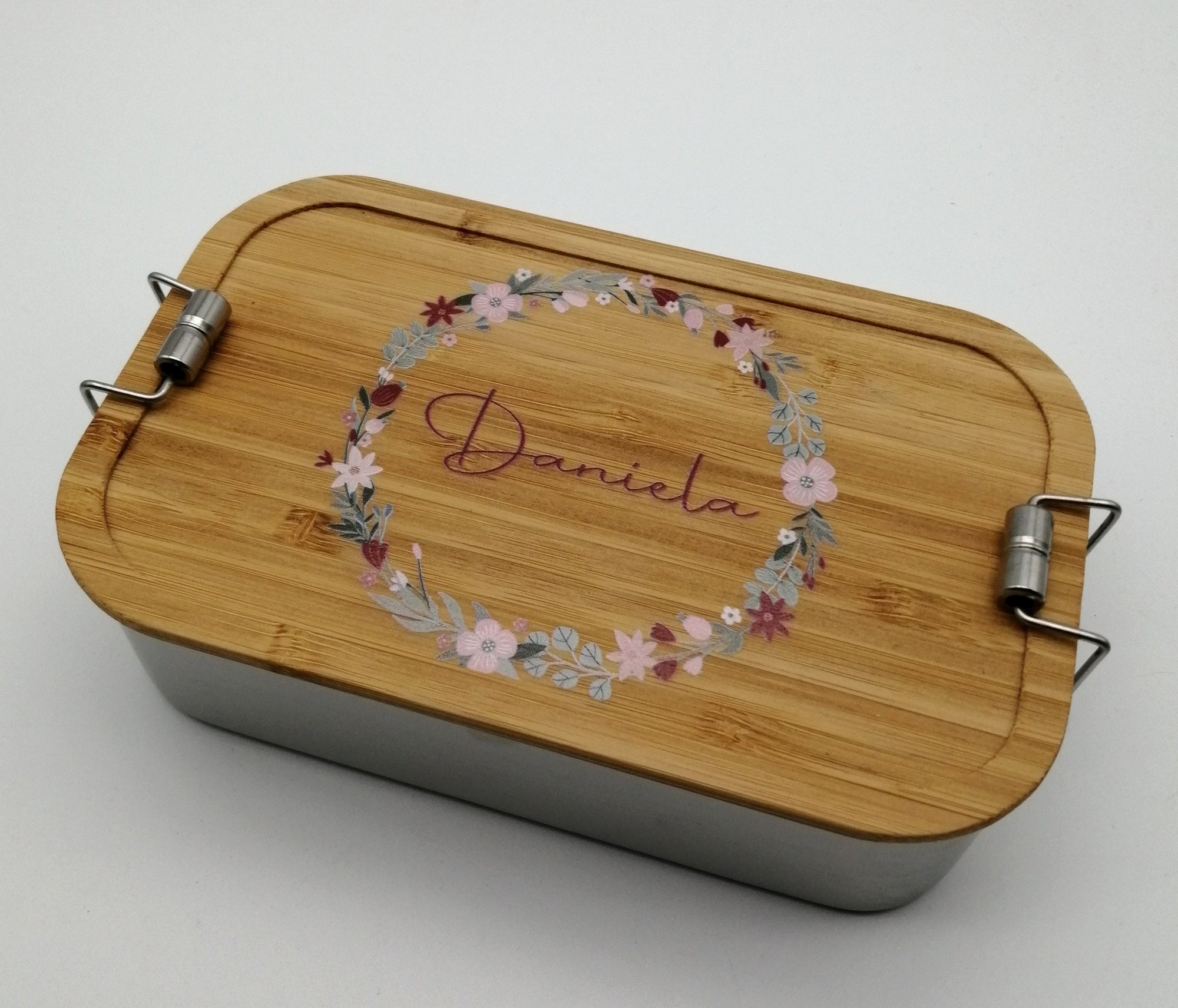 Brotdose personalisiert aus Edelstahl mit Bambus Deckel "Blumenkranz", Trennsteg, Lunchbox