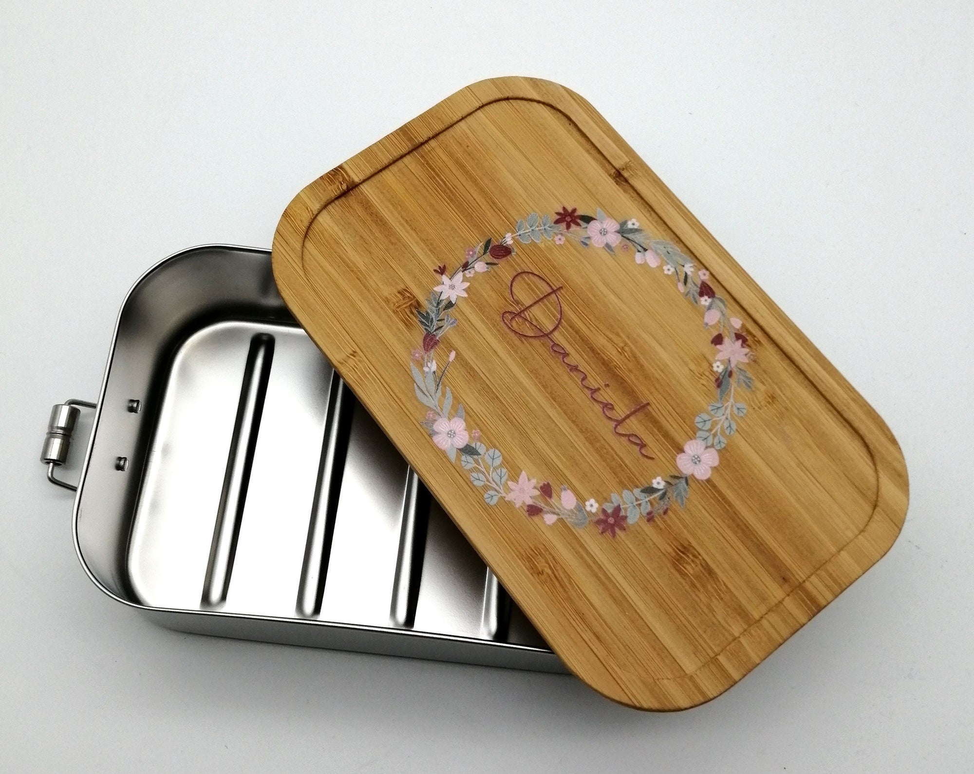 Brotdose personalisiert aus Edelstahl mit Bambus Deckel "Blumenkranz", Trennsteg, Lunchbox