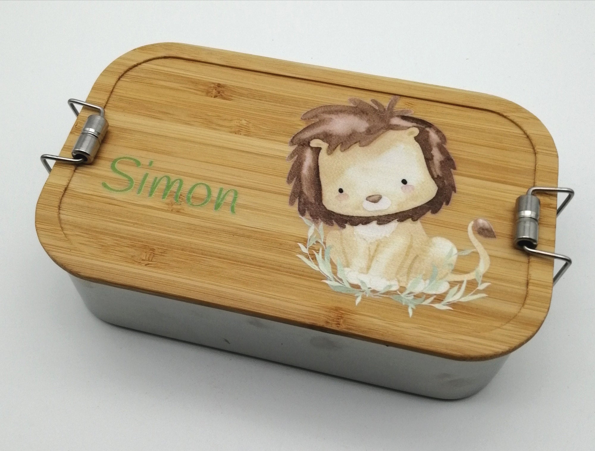 Brotdose personalisiert aus Edelstahl mit Bambus Deckel "Löwe", Trennsteg, Lunchbox