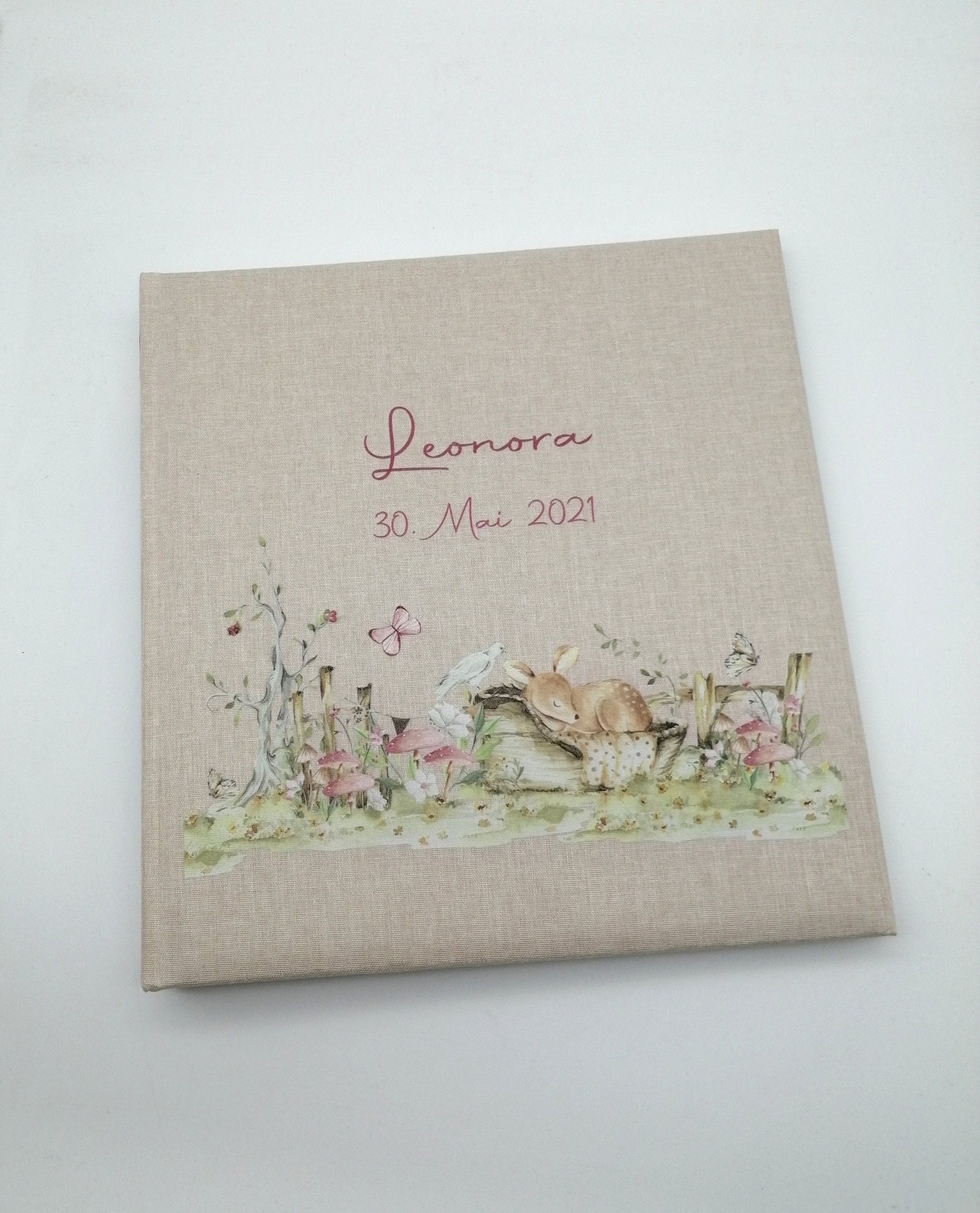 Fotoalbum personalisiert Baby, Kind "Reh Wiese" Leinen, Erinnerungsalbum