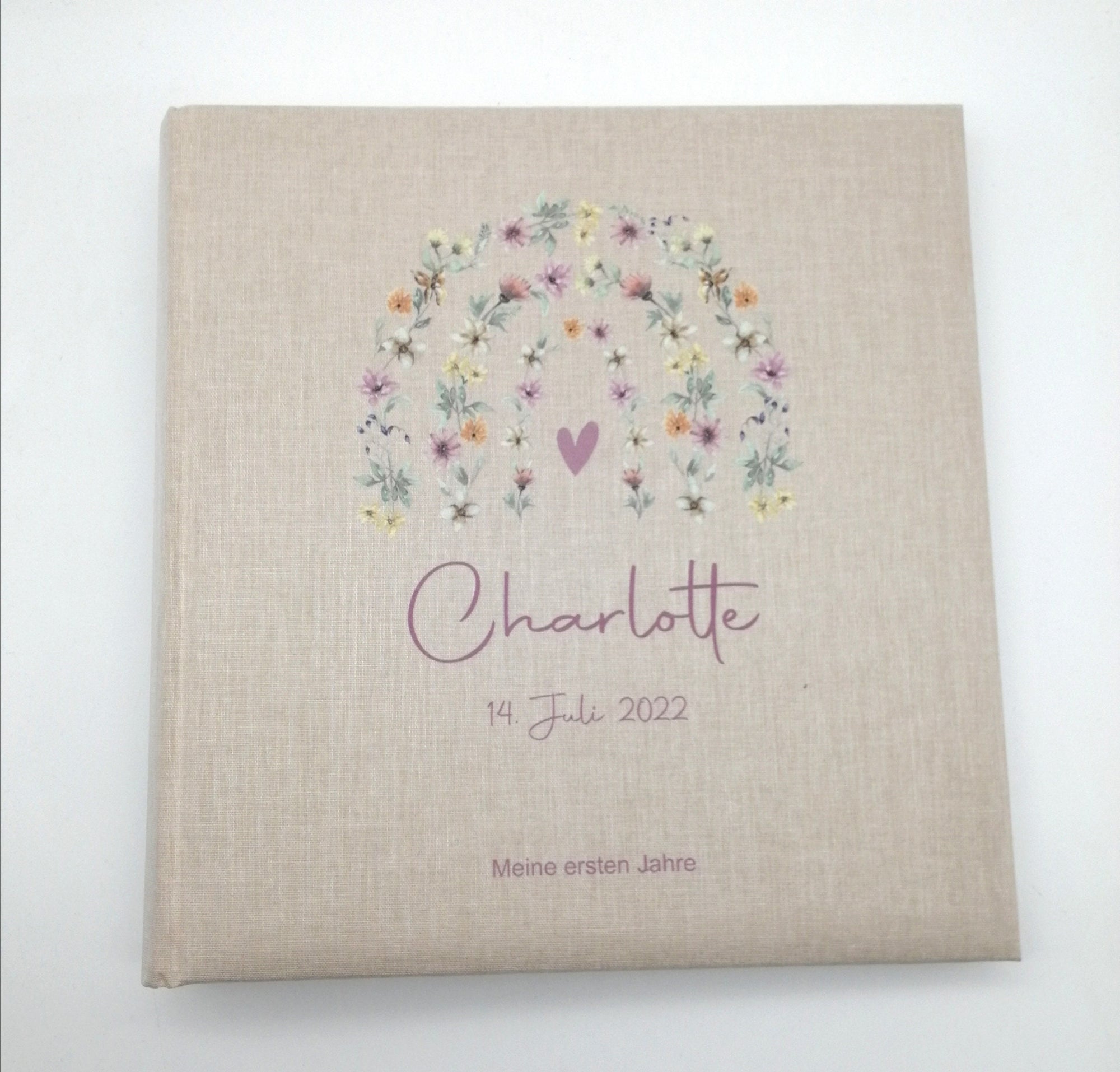 Fotoalbum personalisiert Baby, Kind "Blumenbogen" Leinen, Erinnerungsalbum, Fotoalbum Regenbogen, Mädchen, Fotoalbum zur Geburt Taufe,