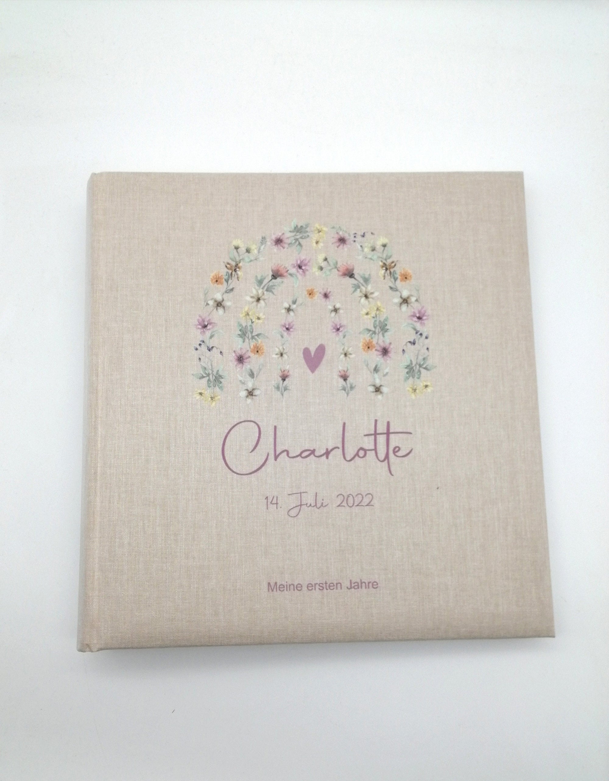 Fotoalbum personalisiert Baby, Kind "Blumenbogen" Leinen, Erinnerungsalbum, Fotoalbum Regenbogen, Mädchen, Fotoalbum zur Geburt Taufe,