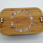Brotdose personalisiert aus Edelstahl mit Bambus Deckel "Blumenkranz", Trennsteg, Lunchbox