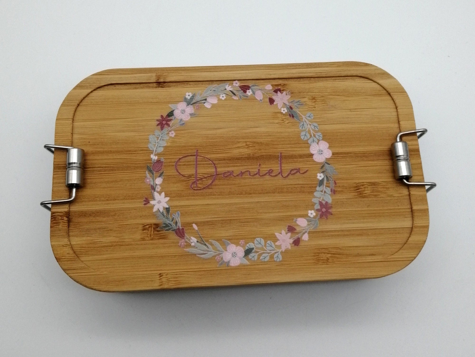 Brotdose personalisiert aus Edelstahl mit Bambus Deckel "Blumenkranz", Trennsteg, Lunchbox