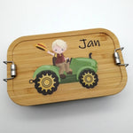 Brotdose personalisiert aus Edelstahl mit Bambus Deckel "Traktor", Trennsteg, Lunchbox