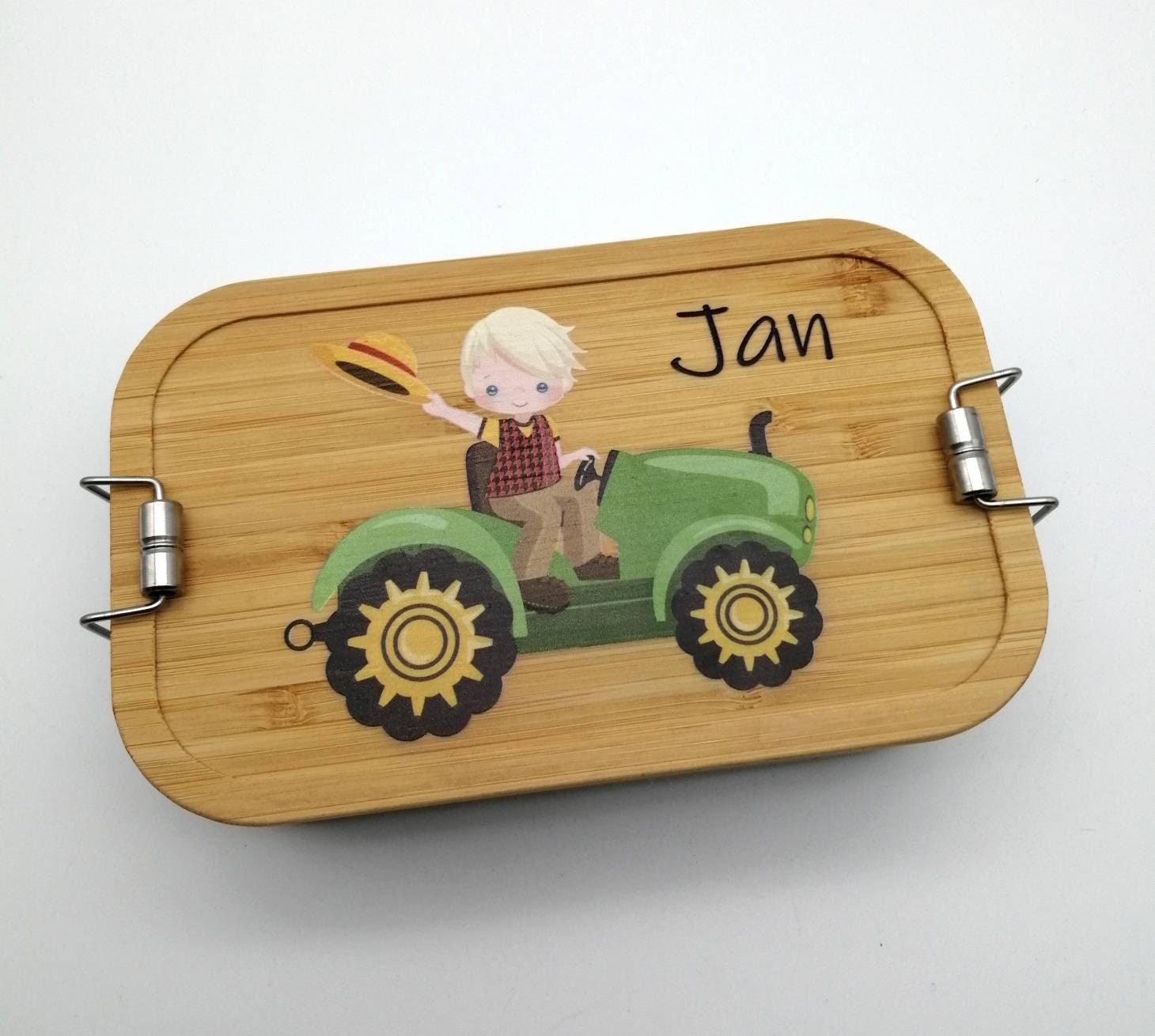 Brotdose personalisiert aus Edelstahl mit Bambus Deckel "Traktor", Trennsteg, Lunchbox
