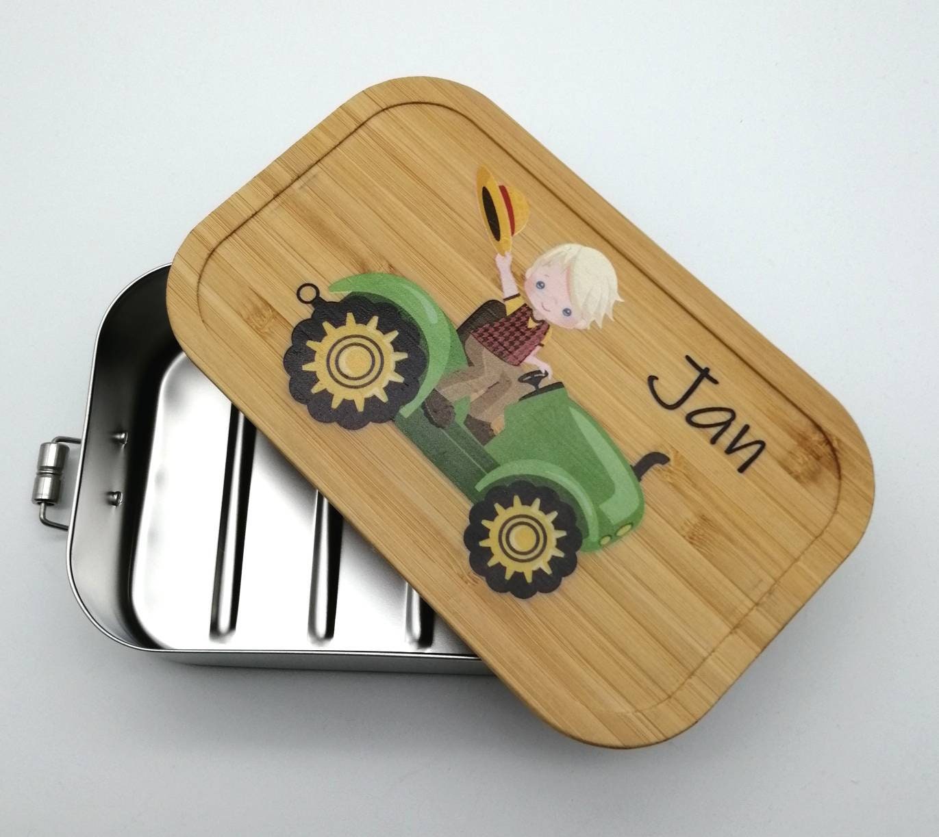 Brotdose personalisiert aus Edelstahl mit Bambus Deckel "Traktor", Trennsteg, Lunchbox