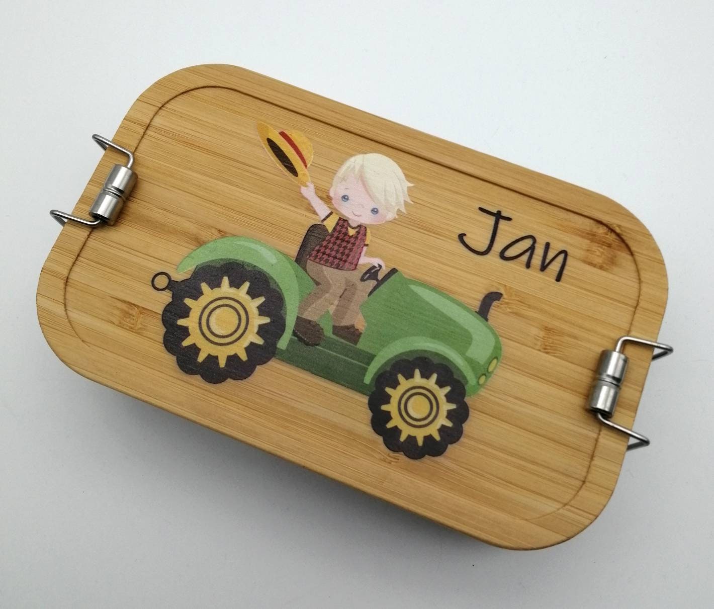 Brotdose personalisiert aus Edelstahl mit Bambus Deckel "Traktor", Trennsteg, Lunchbox