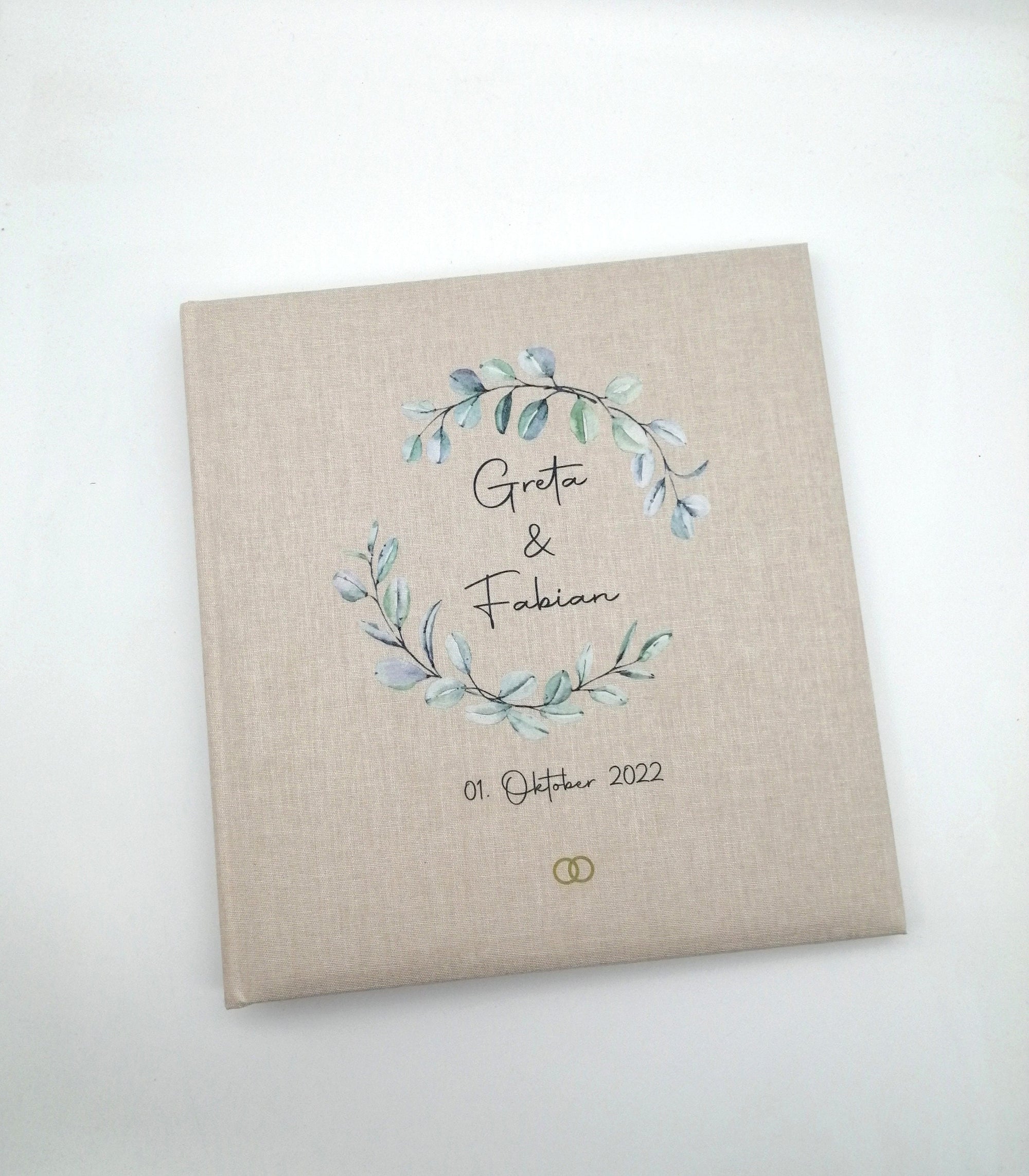 Fotoalbum personalisiert Hochzeit "Rahmen Blätter 2" Leinen, Erinnerungsalbum