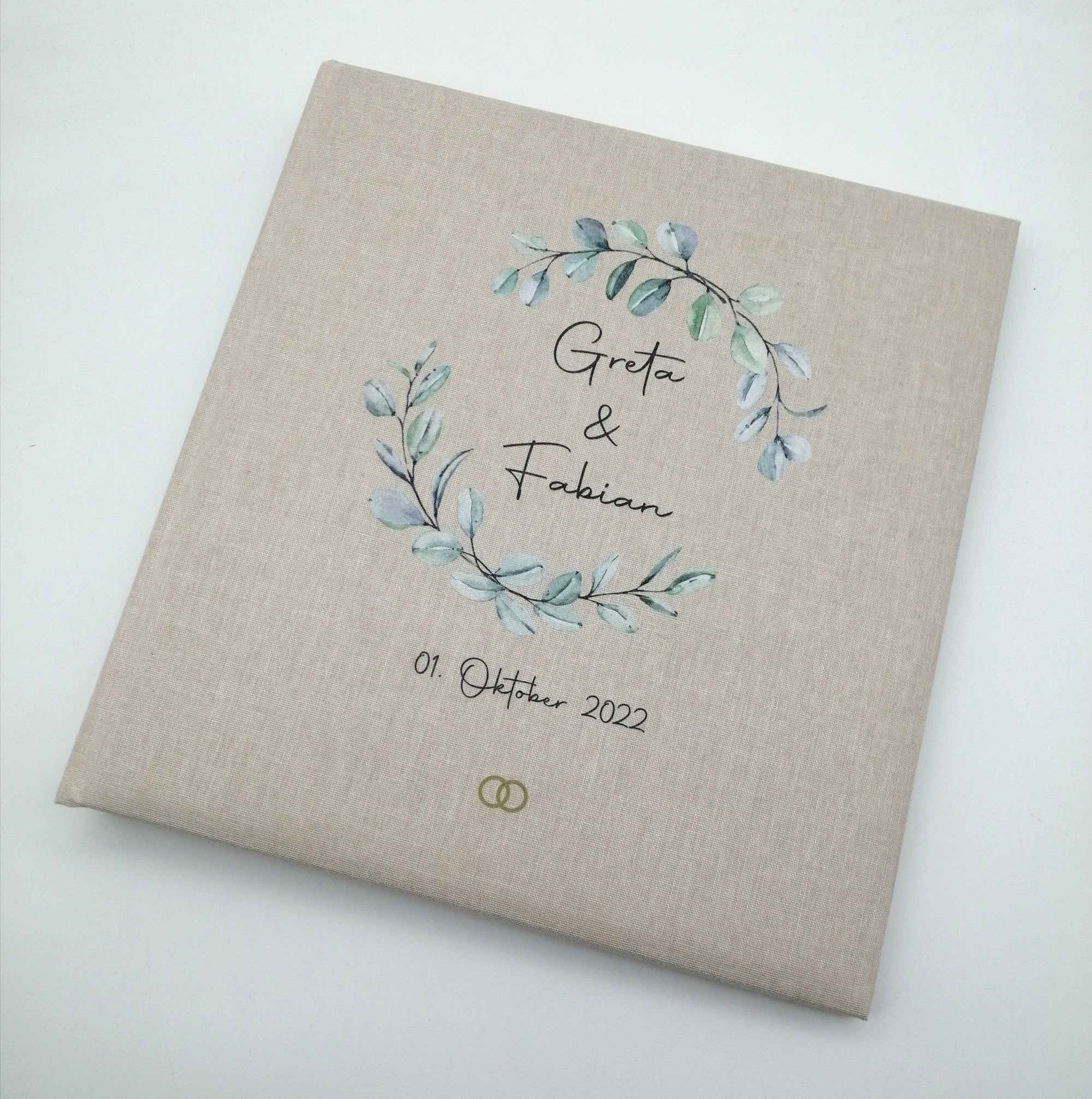 Fotoalbum personalisiert Hochzeit "Rahmen Blätter 2" Leinen, Erinnerungsalbum