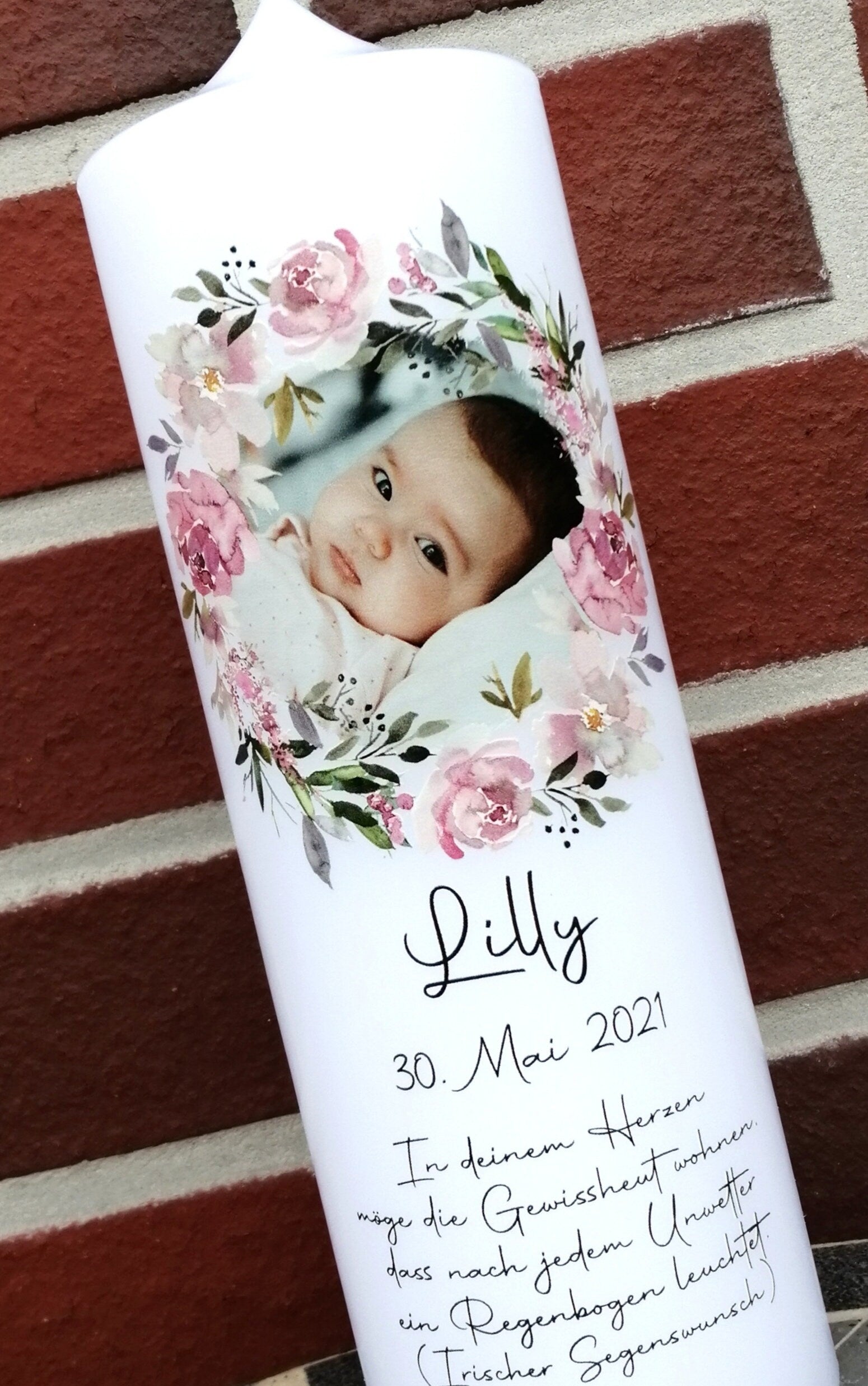 Foto - Taufkerze personalisiert mit Bild Namen Datum und Taufspruch "Blumenkranz 2 ", Junge/ Mädchen