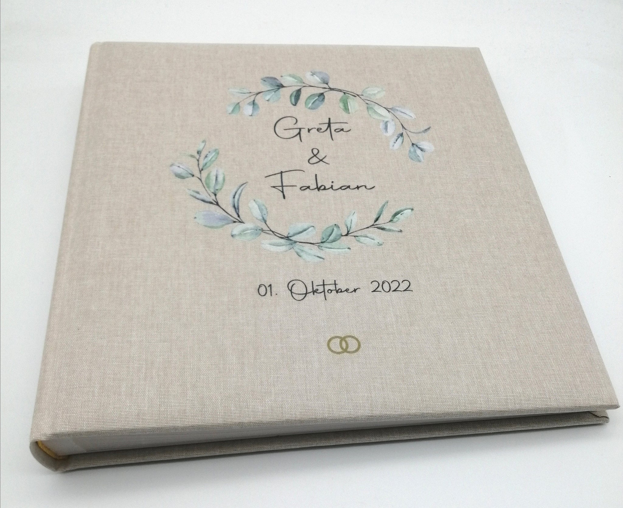 Fotoalbum personalisiert Hochzeit "Rahmen Blätter 2" Leinen, Erinnerungsalbum