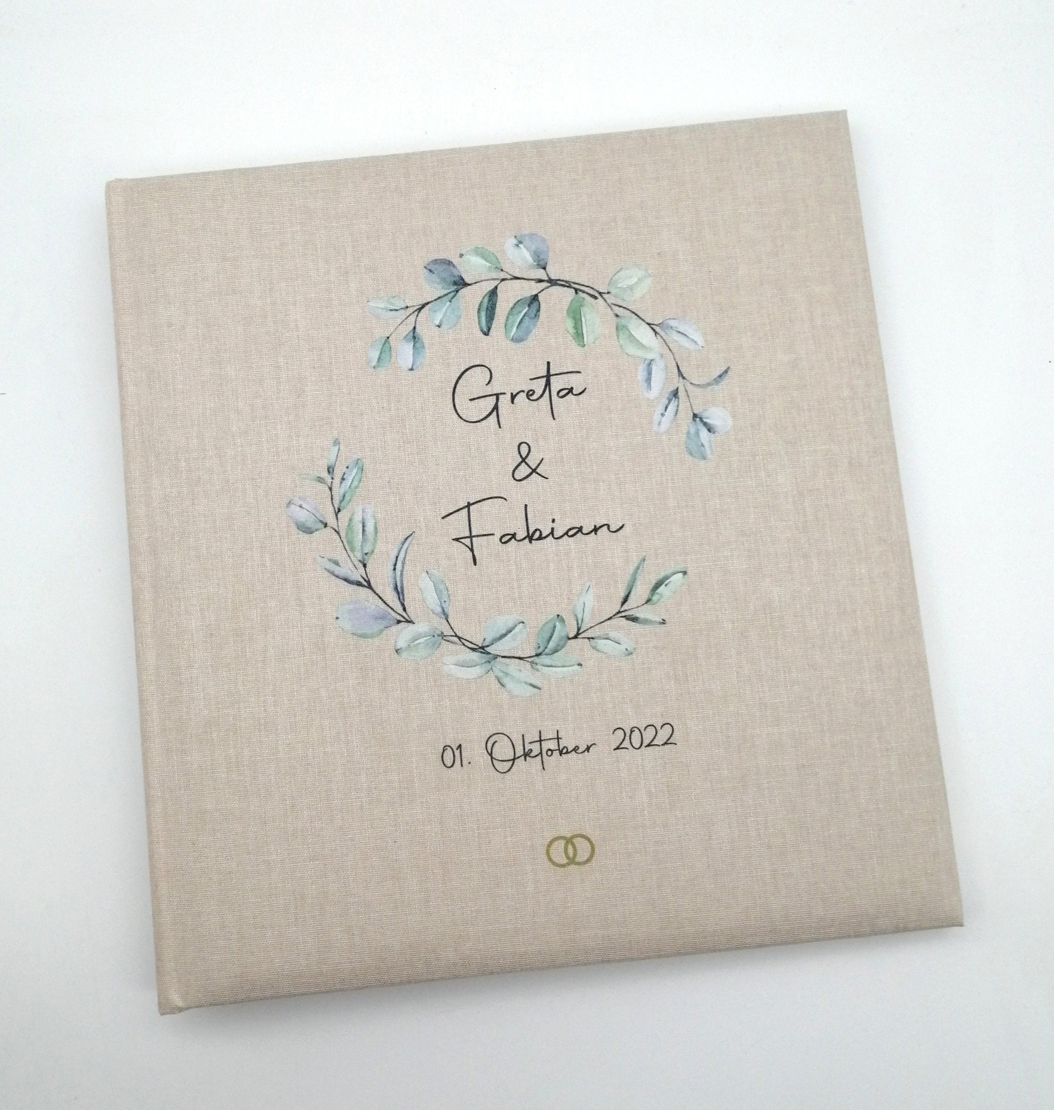 Fotoalbum personalisiert Hochzeit "Rahmen Blätter 2" Leinen, Erinnerungsalbum