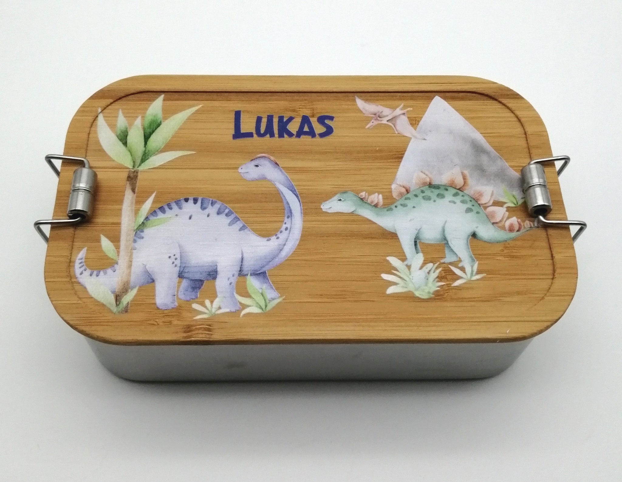 Brotdose personalisiert aus Edelstahl mit Bambus Deckel "Dino 2", Trennsteg, Lunchbox