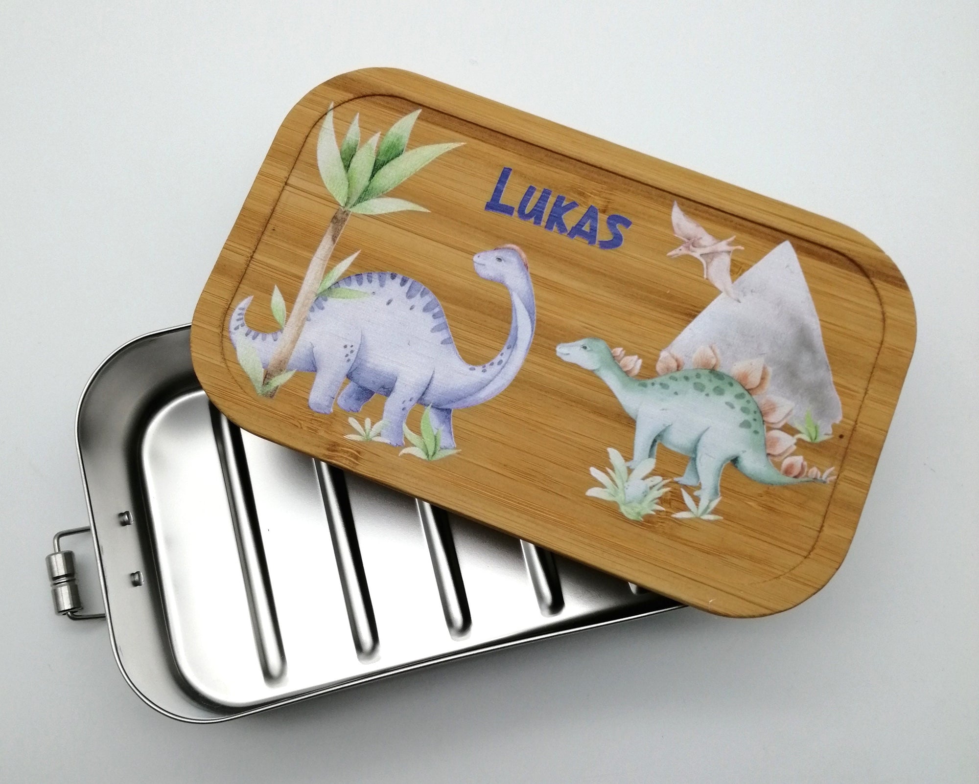 Brotdose personalisiert aus Edelstahl mit Bambus Deckel "Dino 2", Trennsteg, Lunchbox