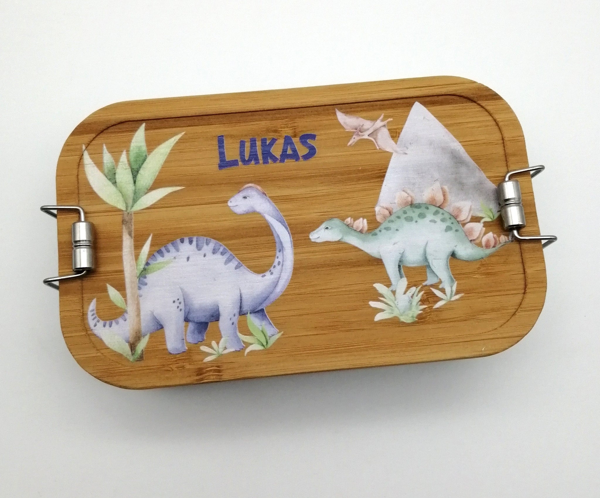 Brotdose personalisiert aus Edelstahl mit Bambus Deckel "Dino 2", Trennsteg, Lunchbox