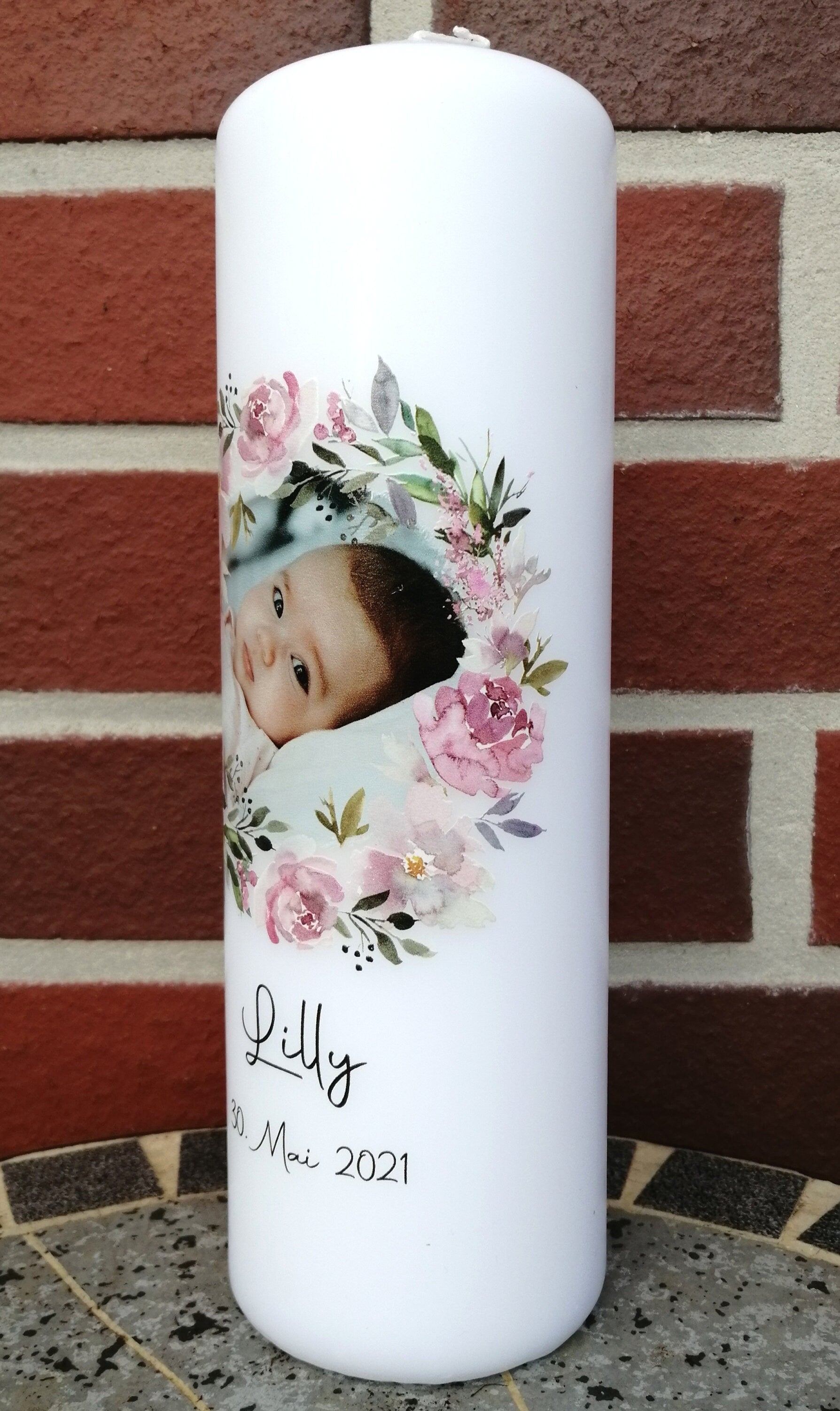 Foto - Taufkerze personalisiert mit Bild Namen Datum und Taufspruch "Blumenkranz 2", Junge/ Mädchen