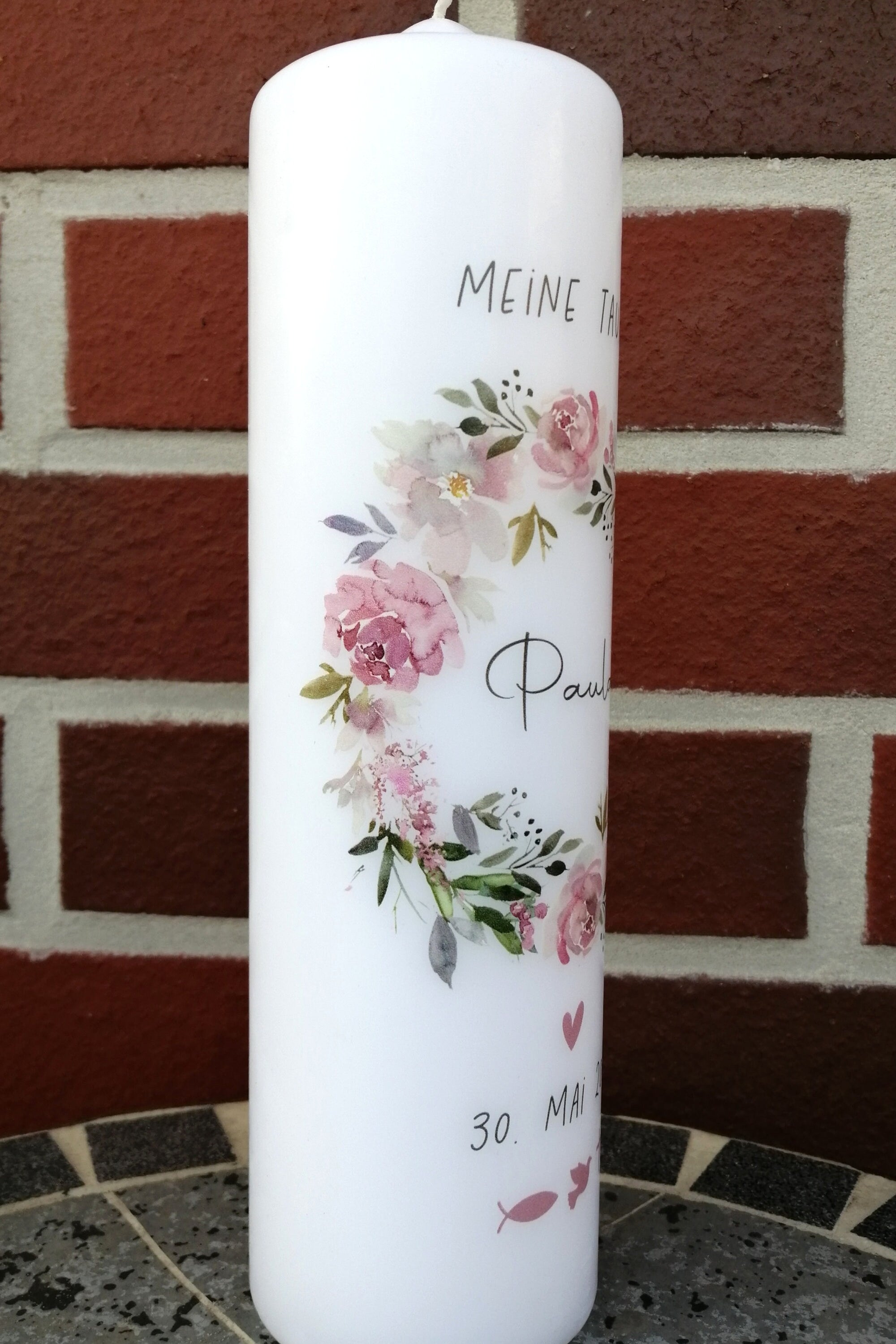 Taufkerze personalisiert mit Namen und Datum "Blumenkranz 2 Symbole", Junge/ Mädchen, personalisierte Taufkerze, handgemachte Taufkerzen