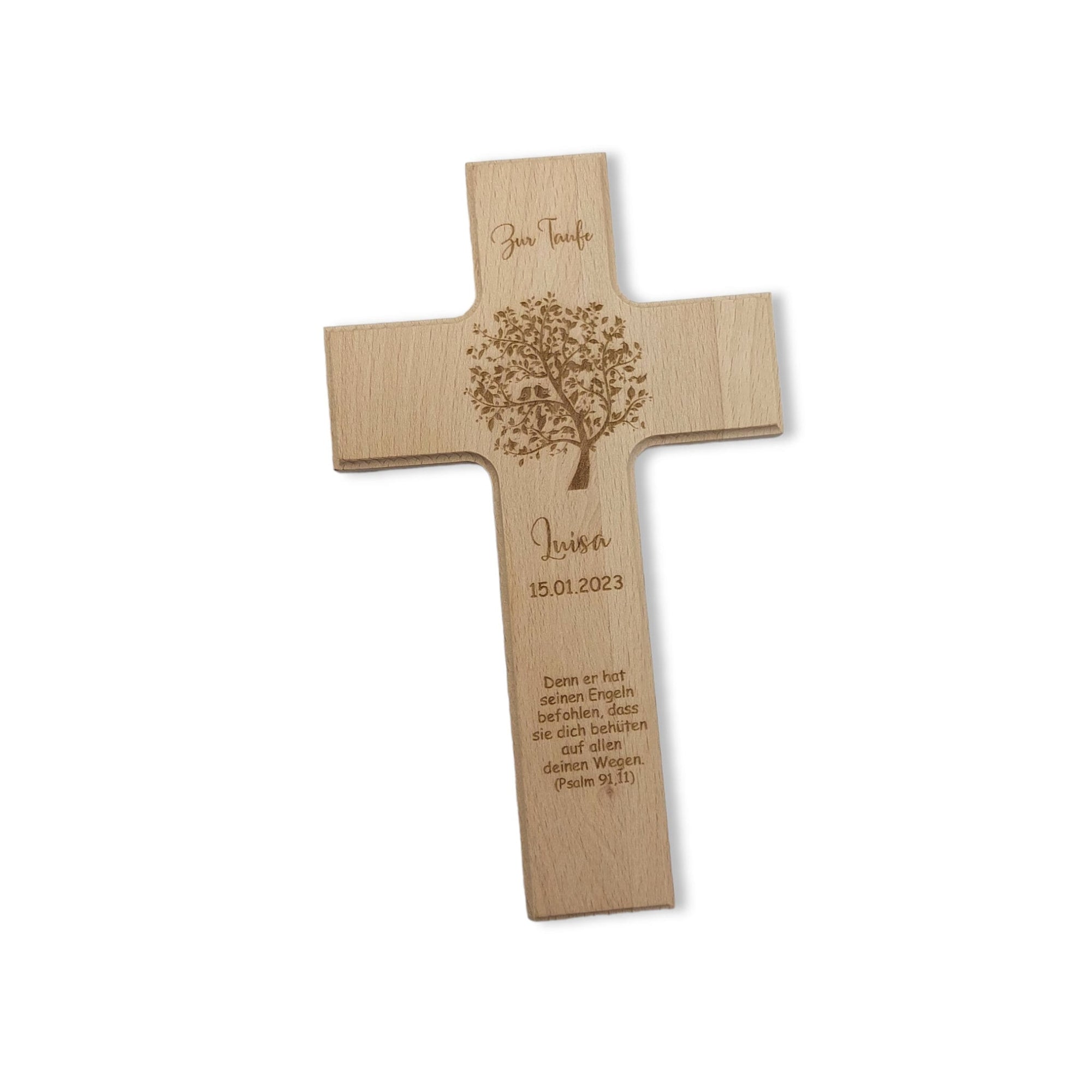 Taufkreuz / Kinderkreuz personalisiert "Baum Vogel" Wandkreuz aus Holz