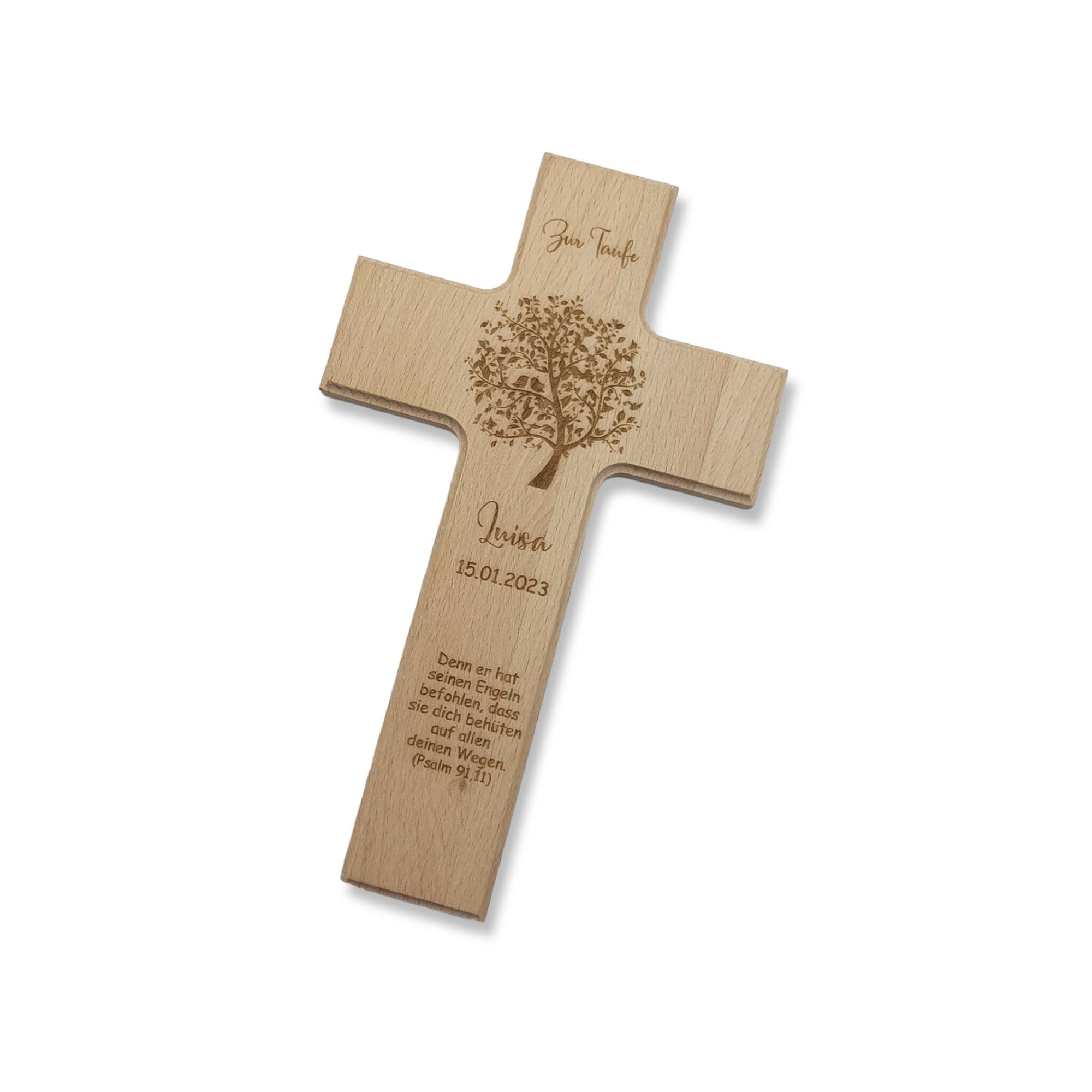Taufkreuz / Kinderkreuz personalisiert "Baum Vogel" Wandkreuz aus Holz
