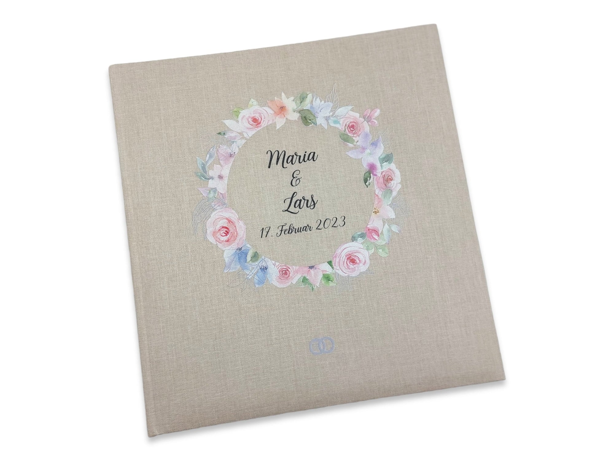 Fotoalbum personalisiert Hochzeit "Blumenkranz rosa" Leinen, Erinnerungsalbum