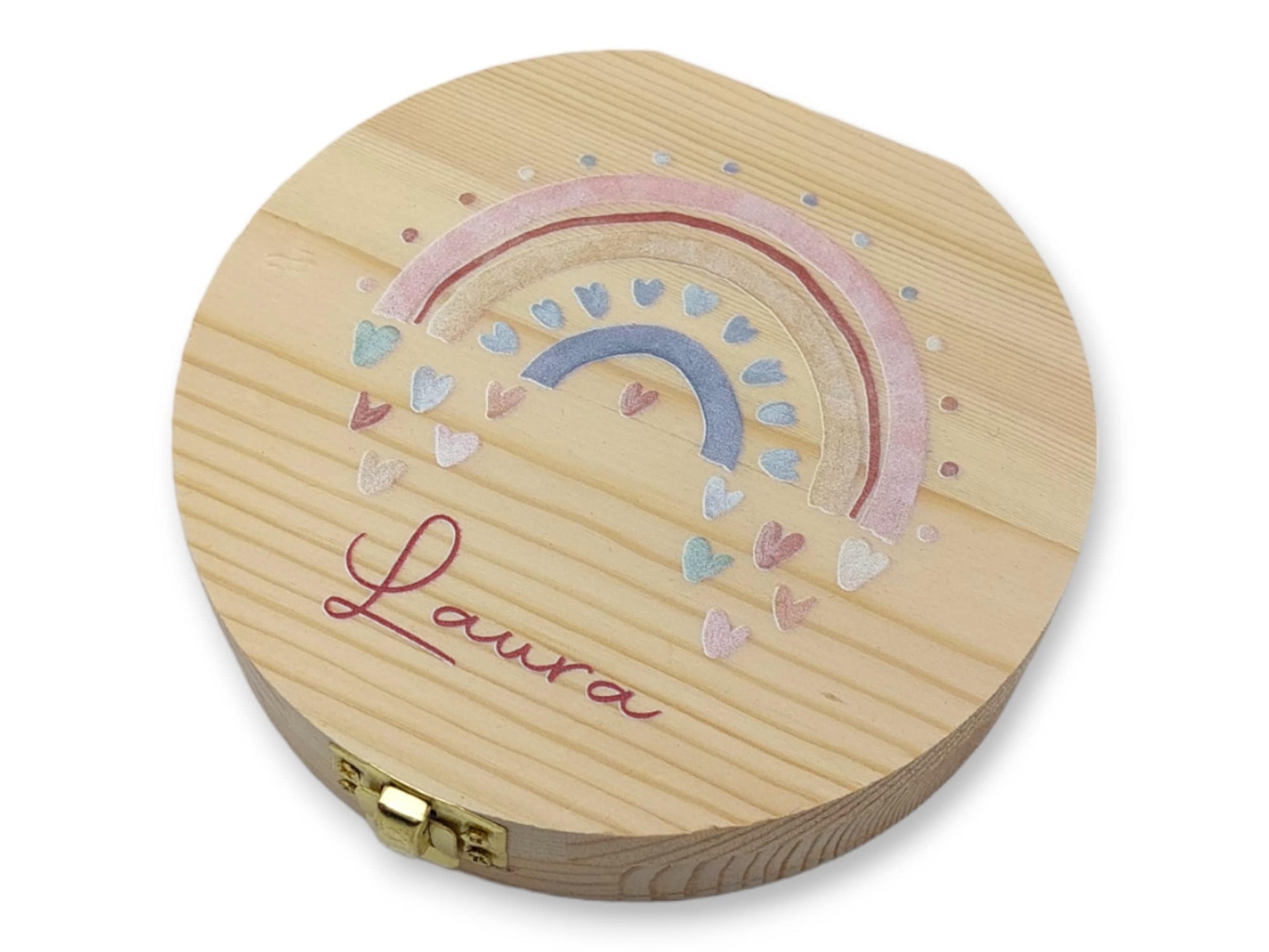 Milchzahndose personalisiert "Regenbogen Herzen" / Milchzahnbox aus Holz