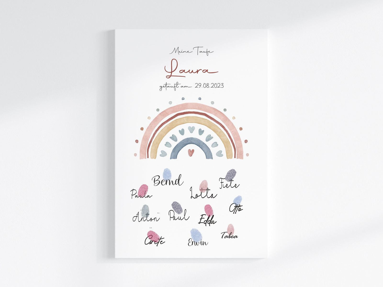 Fingerabdruck Gästebuch auf Keilrahmen personalisiert "Regenbogen Herzen" Leinwand