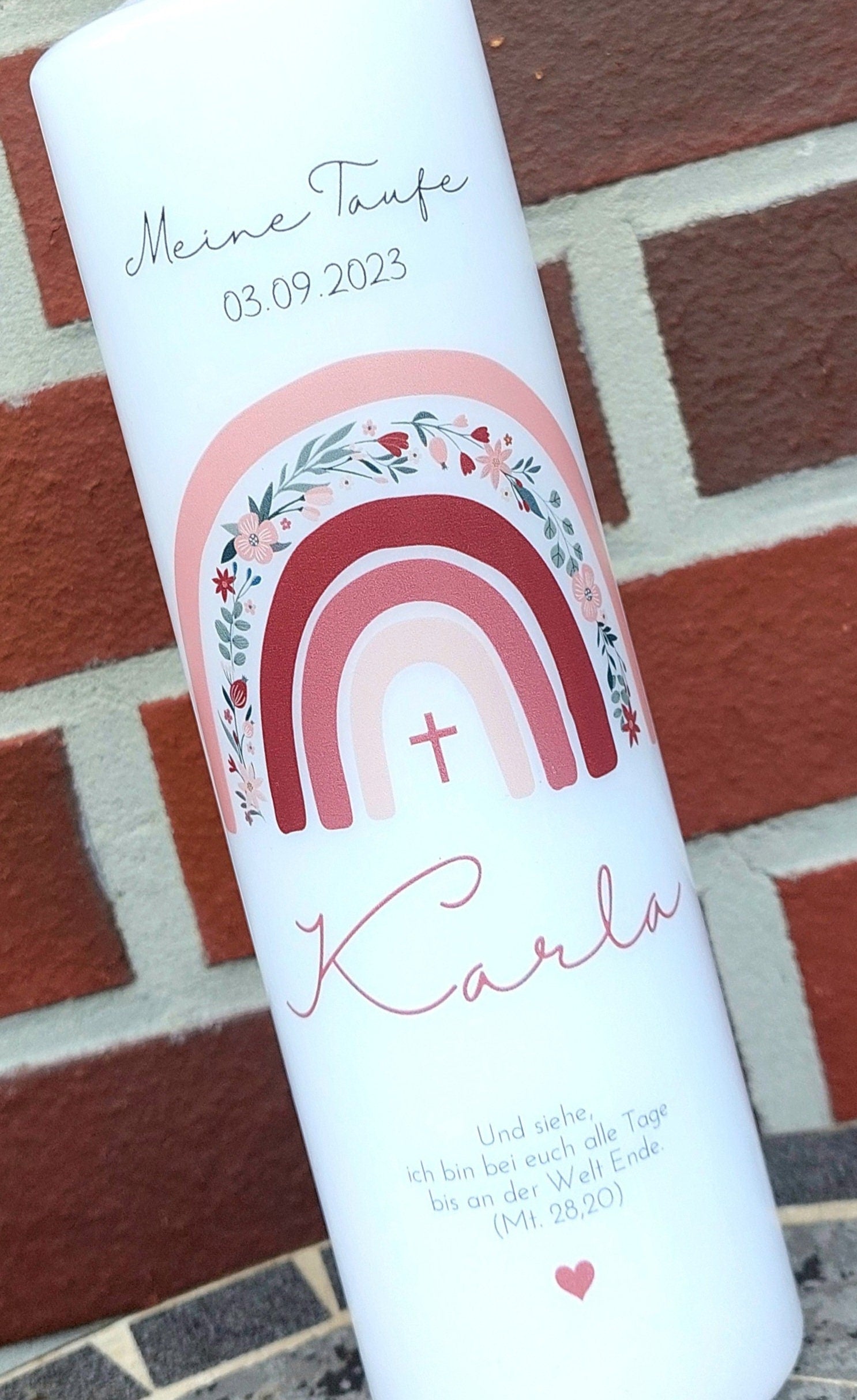 Taufkerze personalisiert mit Namen Datum und Taufspruch "Regenbogen Blumen Version 2", Junge/ Mädchen