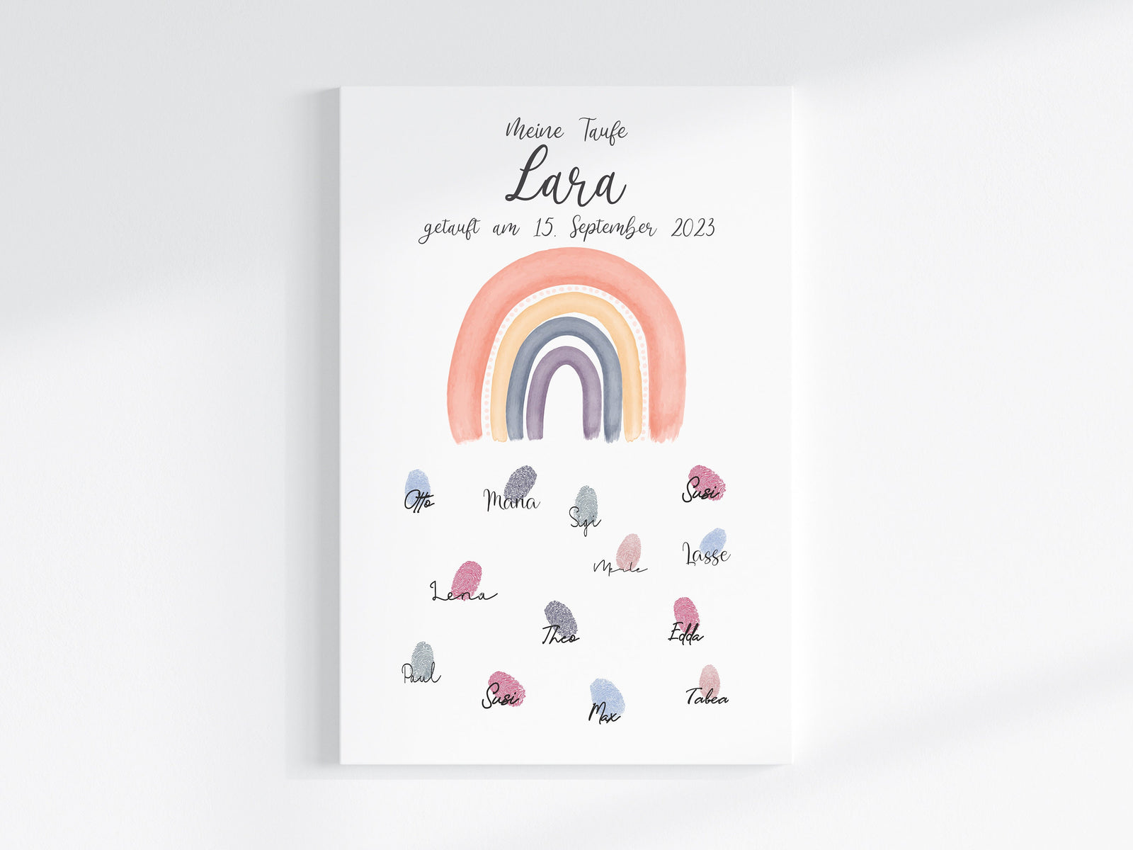 Fingerabdruck Gästebuch auf Keilrahmen personalisiert "Regenbogen peach" Leinwand