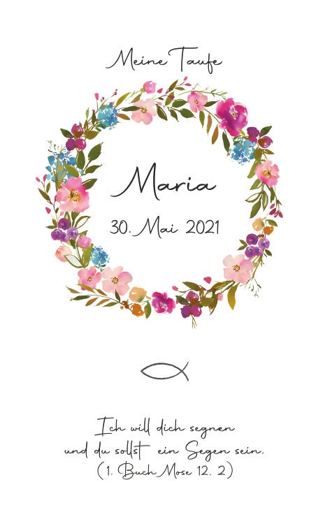 Taufkerze personalisiert mit Namen Datum und Taufspruch "Blumenkranz 3", Junge/ Mädchen, Geschenkidee zur Taufe, Patengeschenk, Taufgeschenk