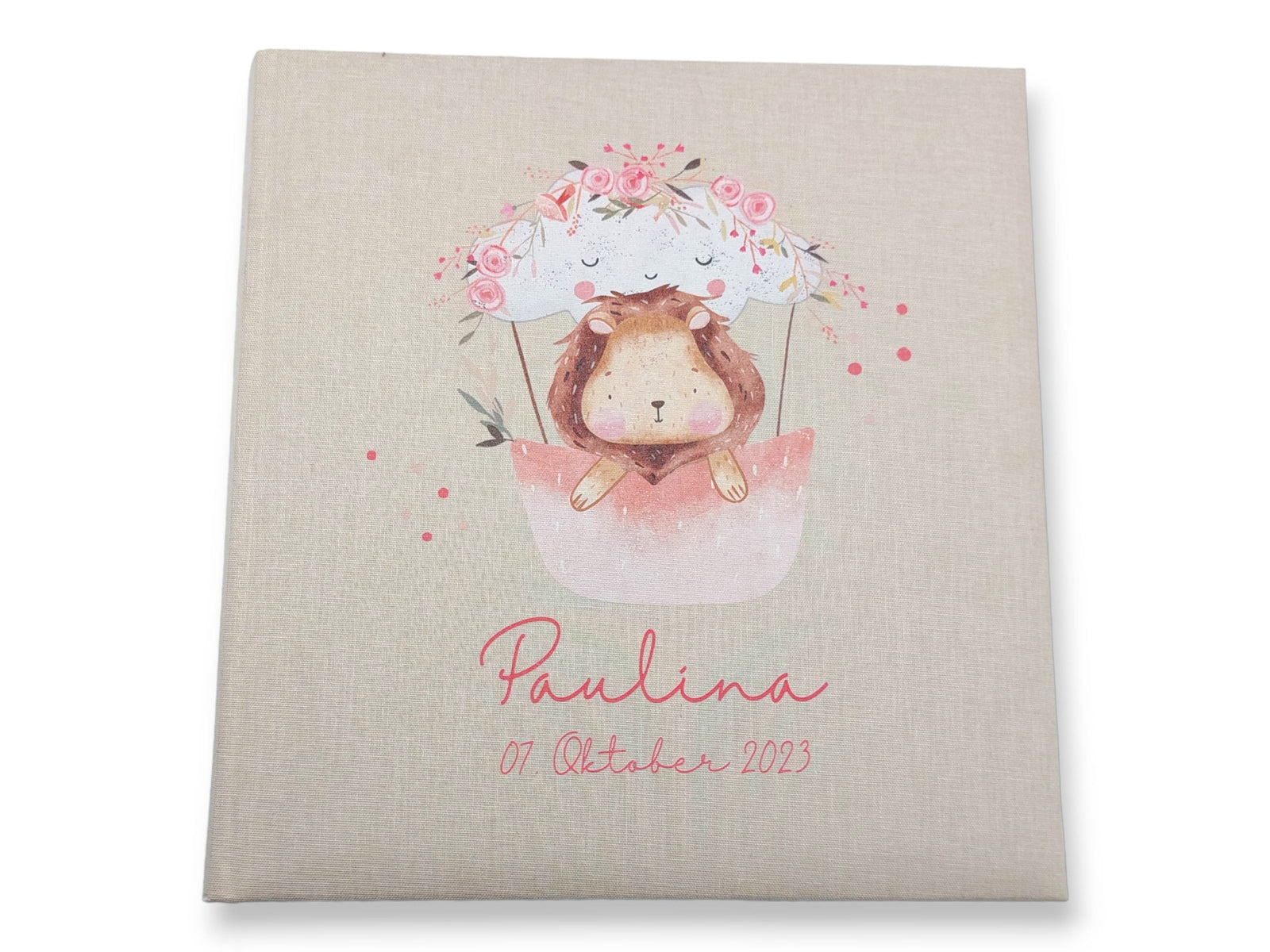 Fotoalbum personalisiert Baby, Kind "Heißluftballon rosa" Leinen, Erinnerungsalbum