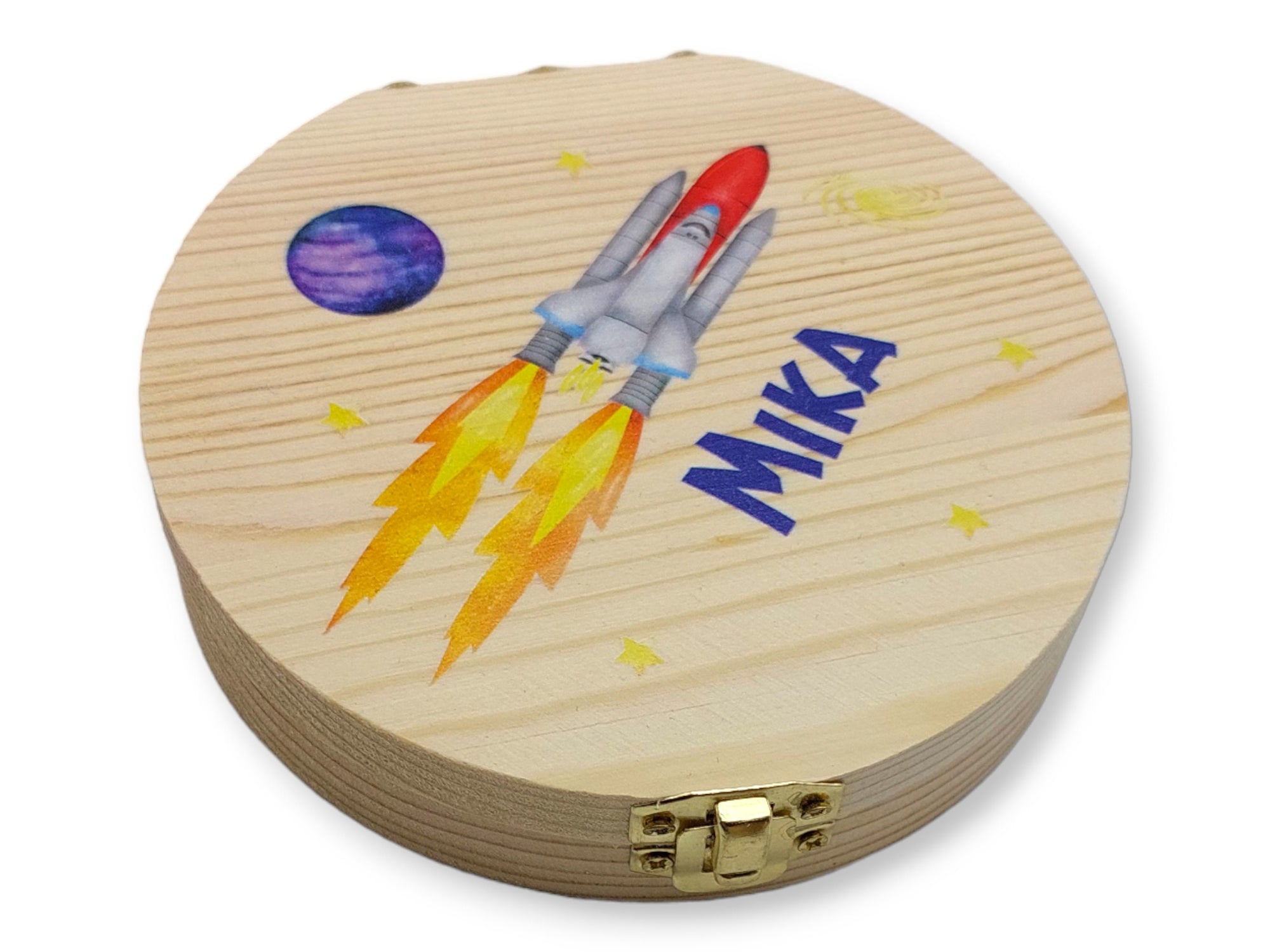 Milchzahndose personalisiert "Rakete Weltall" / Milchzahnbox aus Holz