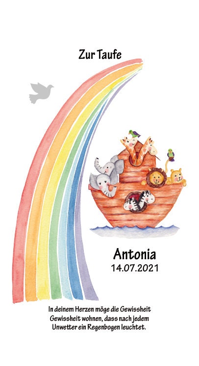 Taufkerze personalisiert mit Namen Datum und Taufspruch "Arche Noah/ Regenbogen", Junge/ Mädchen