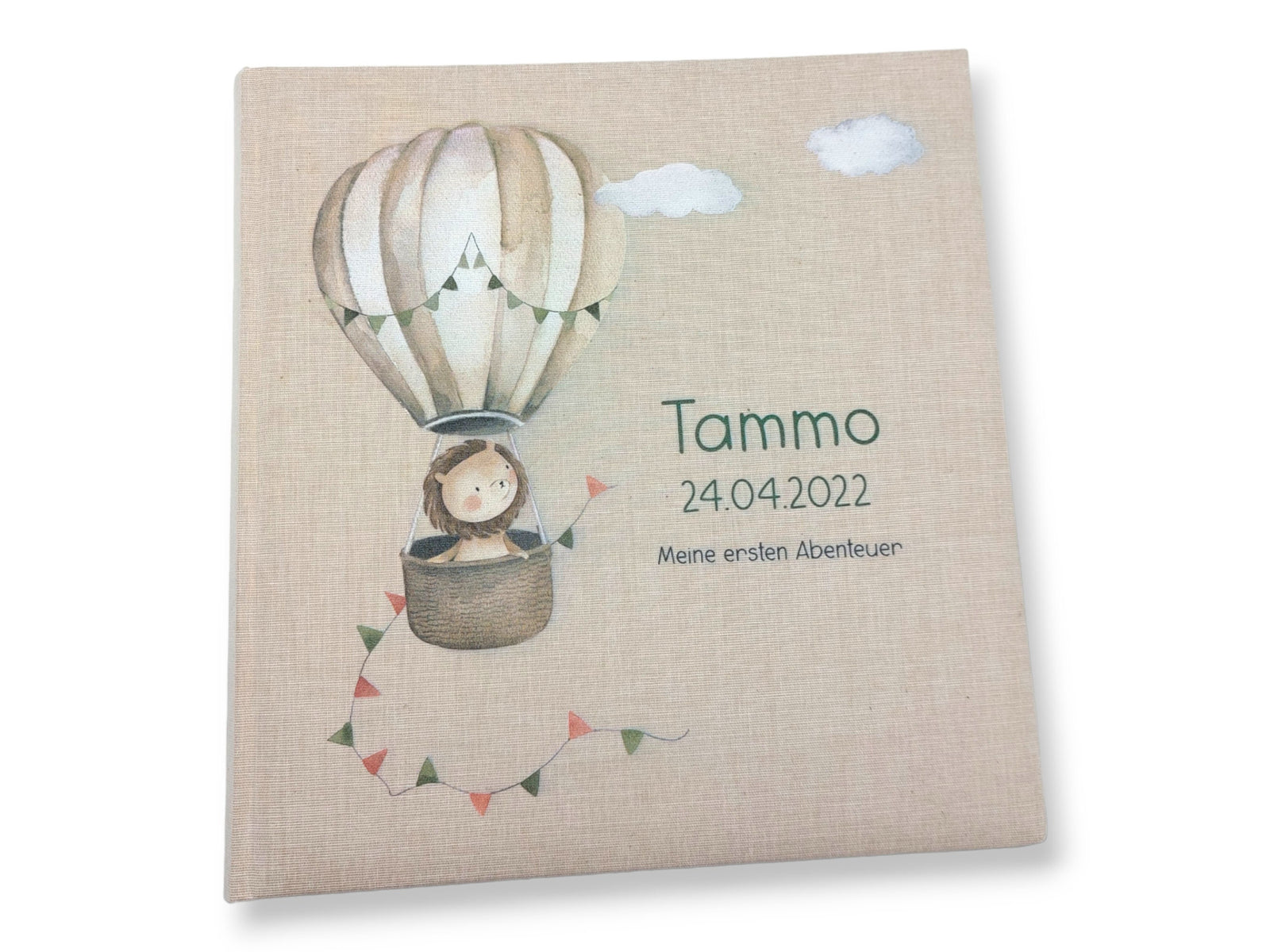 Fotoalbum personalisiert Baby, Kind "Heißluftballon Löwe" Leinen, Erinnerungsalbum
