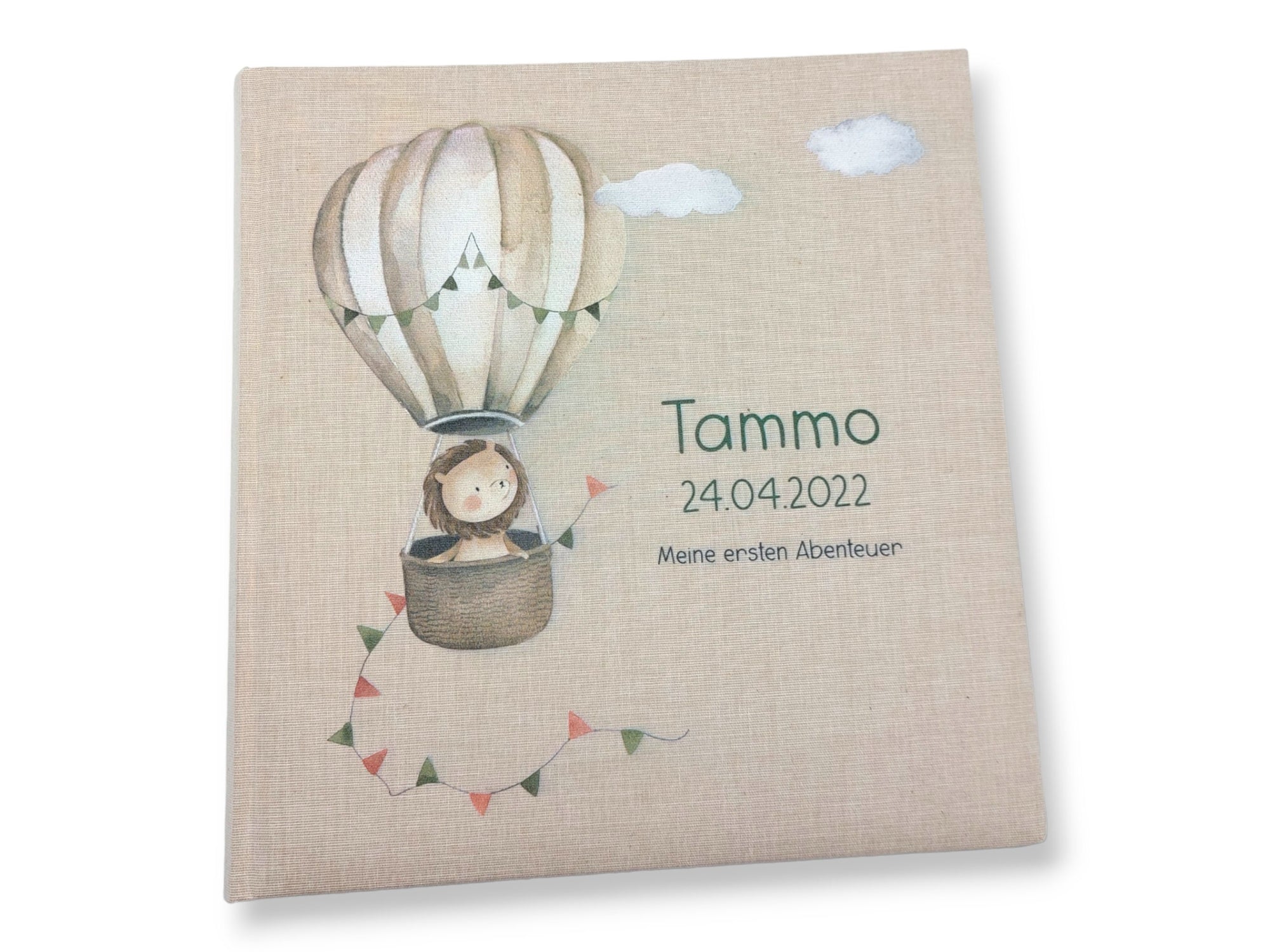 Fotoalbum personalisiert Baby, Kind "Heißluftballon Löwe" Leinen, Erinnerungsalbum