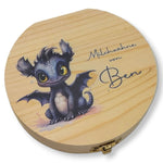 Milchzahndose personalisiert "Drache schwarz" / Milchzahnbox aus Holz